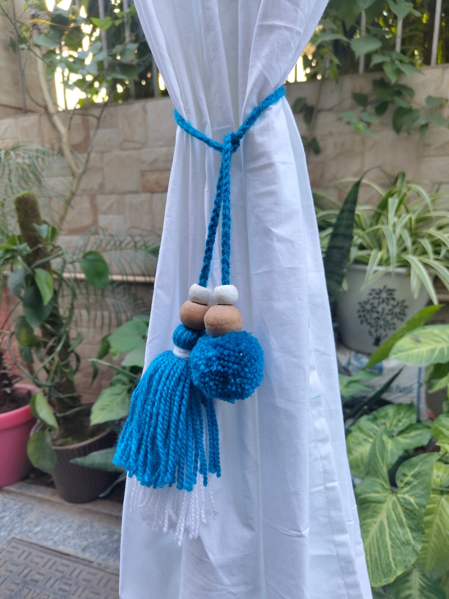 Curtain Tie Backs White Navy Pompom & Tassel with Wooden Beads (Set of 2)