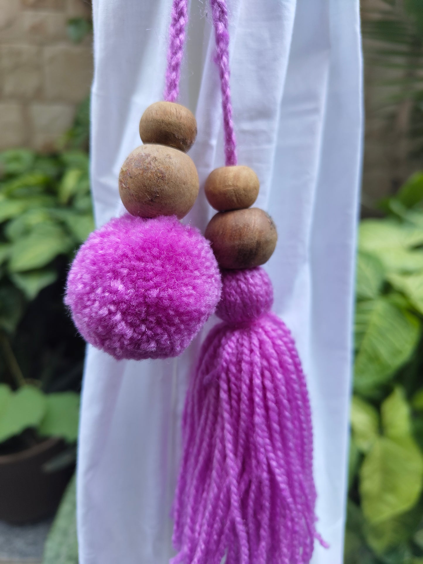 Curtain Tie Backs Lavender Pompom & Tassel with Wooden Beads (Set of 2)