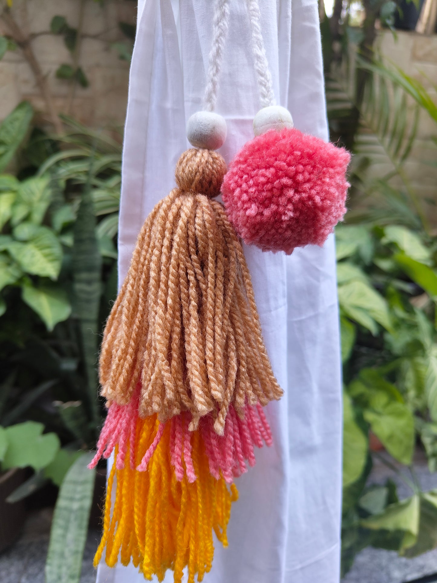 Curtain Tie Backs Yellow Beige Peach Pompom & Tassel with Wooden Beads (Set of 2)