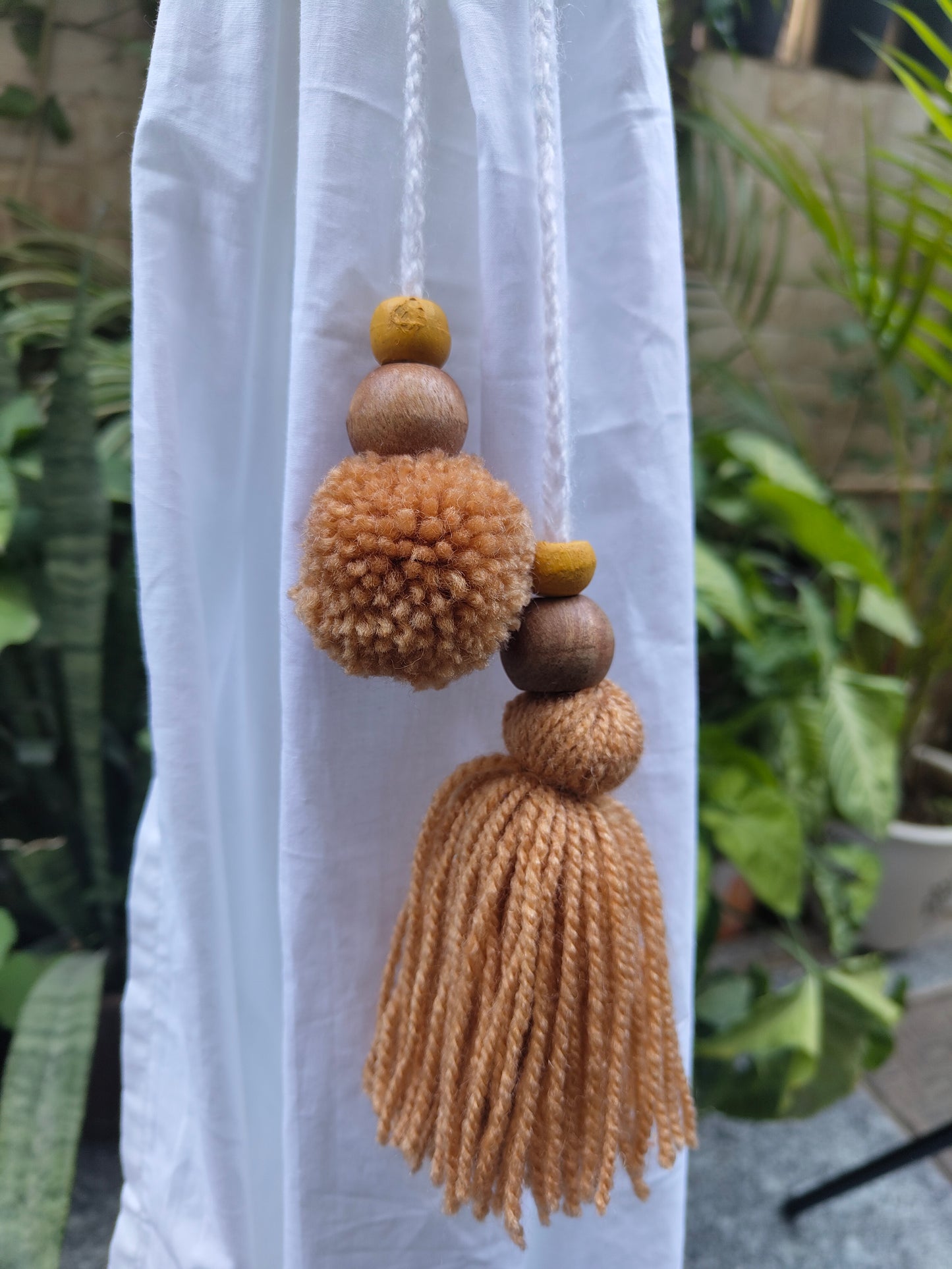 Curtain Tie Backs Beige Pompom & Tassel with Wooden Beads (Set of 2)