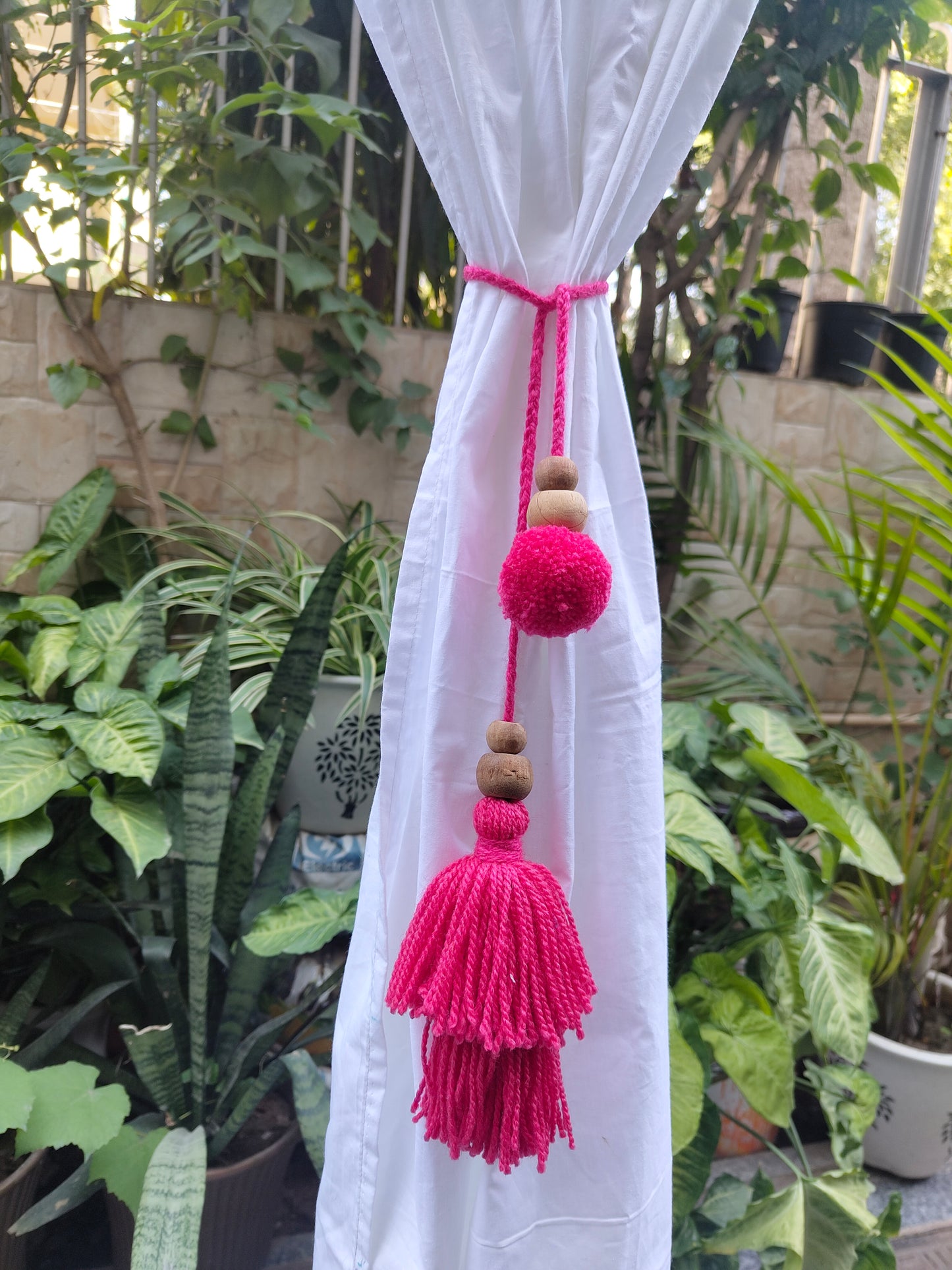 Curtain Tie Backs Pink Pompom & Tassel with Wooden Beads (Set of 2)