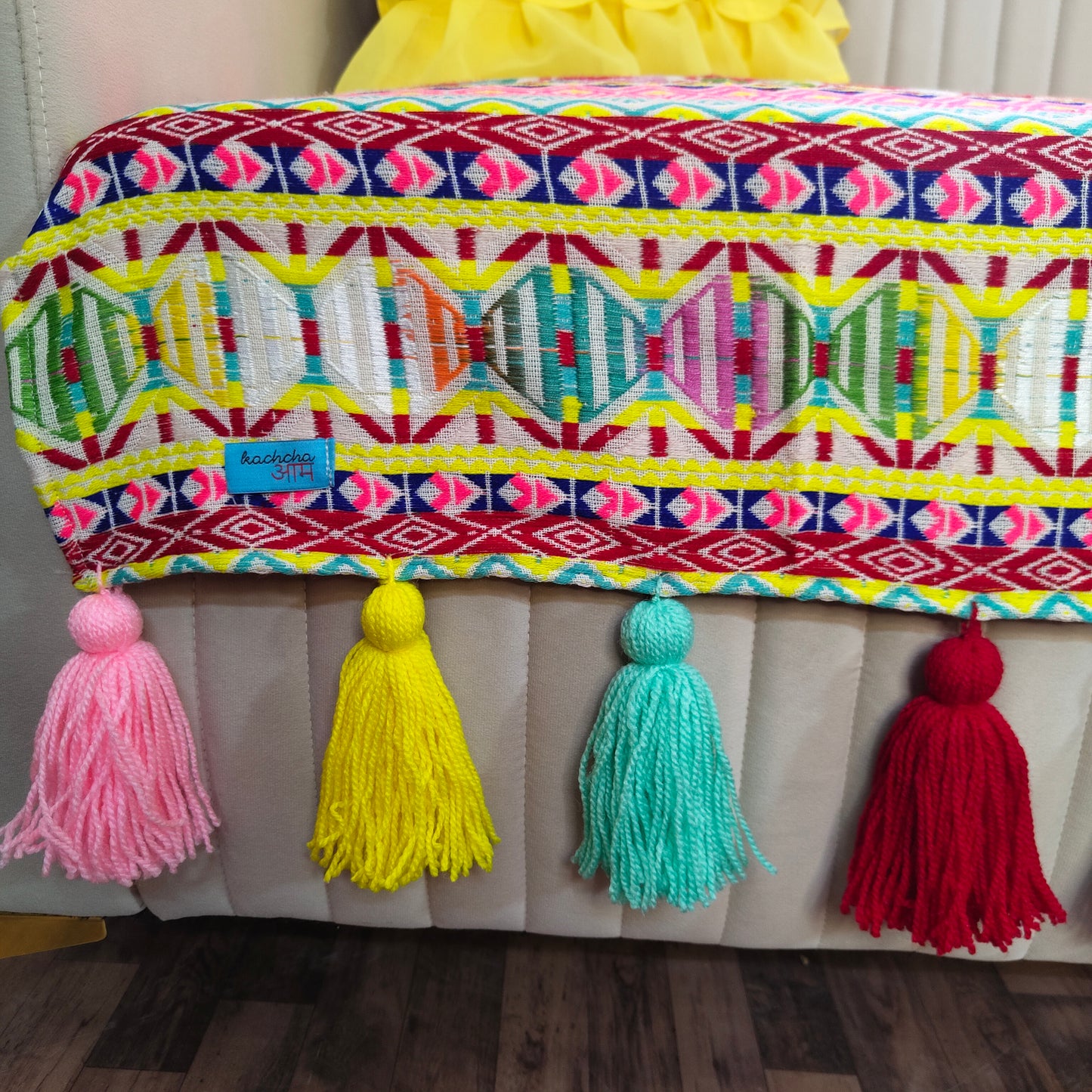 Neon Yellow Pink Jacquard Woven Fabric Sofa cover with Multi Tassels