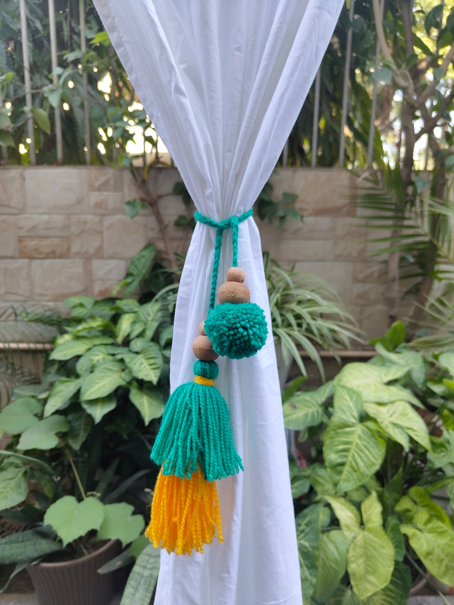 Curtain Tie Backs Yellow Sea Green Pompom & Tassel with Wooden Beads (Set of 2)