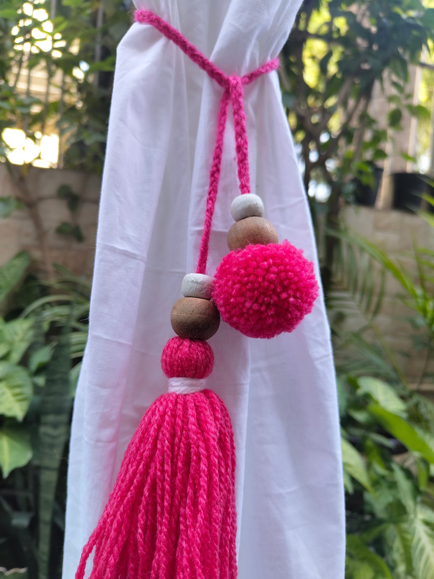 Curtain Tie Backs White Pink Pompom & Tassel with Wooden Beads (Set of 2)