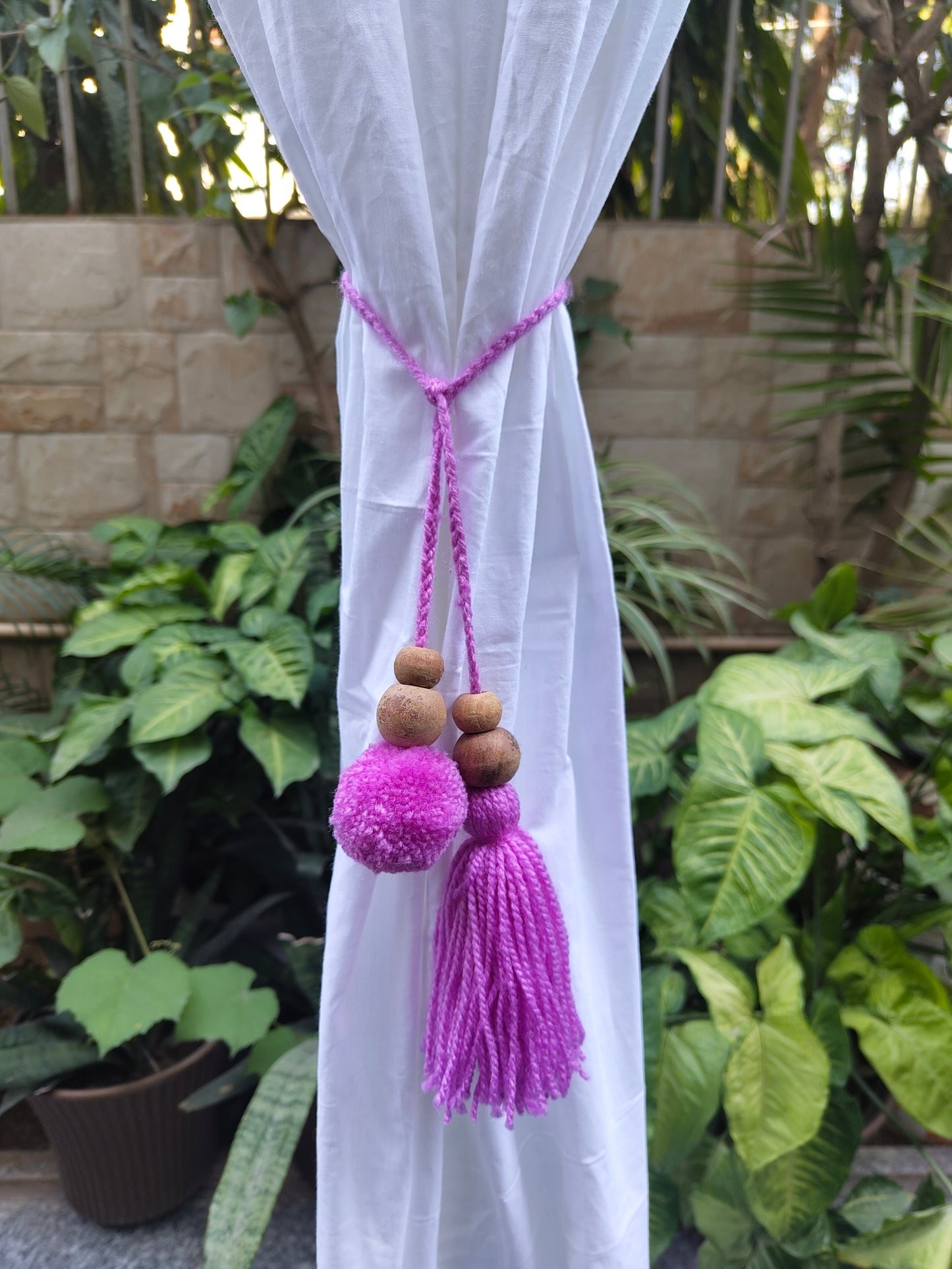 Curtain Tie Backs Lavender Pompom & Tassel with Wooden Beads (Set of 2)