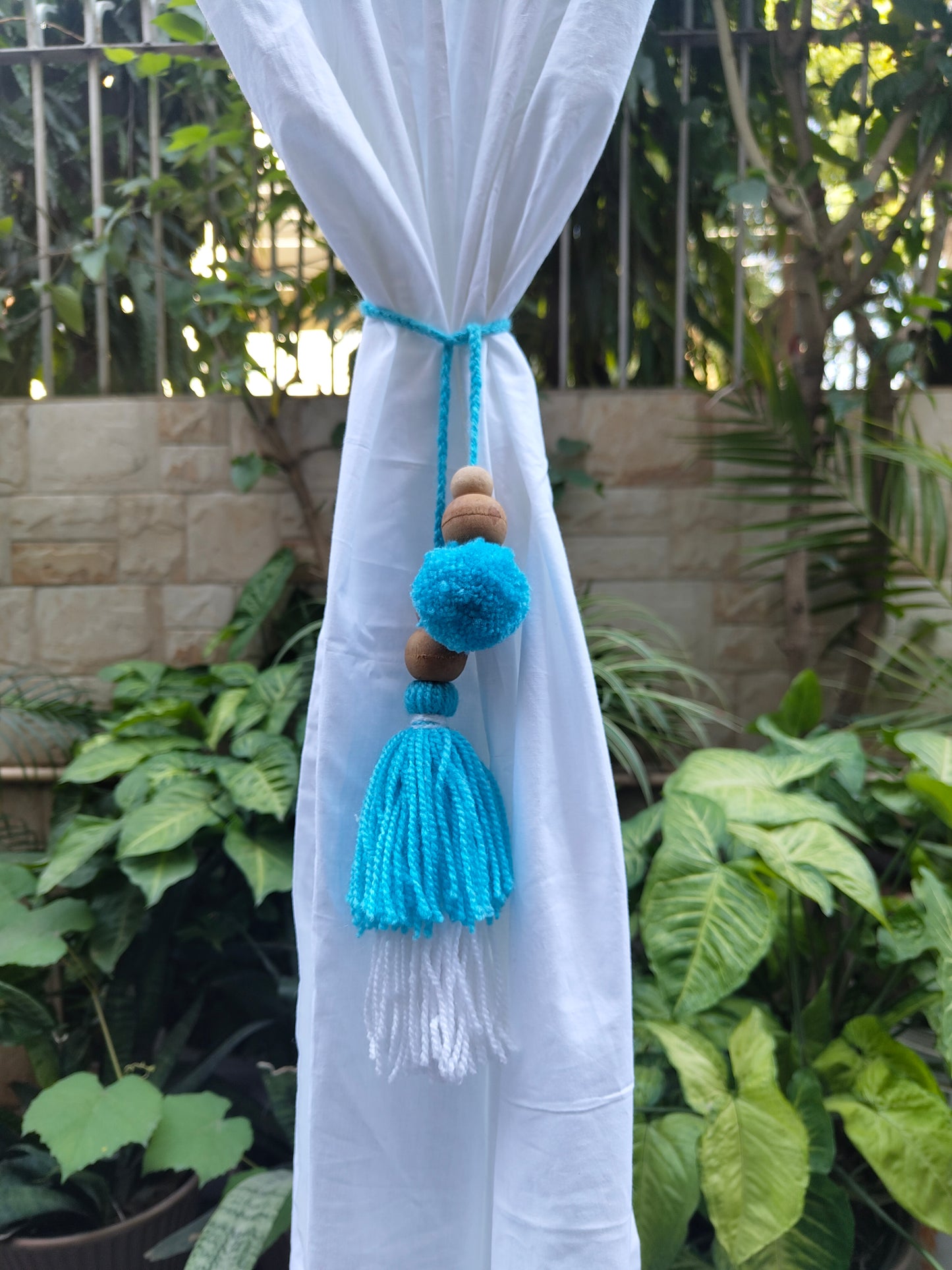 Curtain Tie Backs White Sky Pompom & Tassel with Wooden Beads (Set of 2)