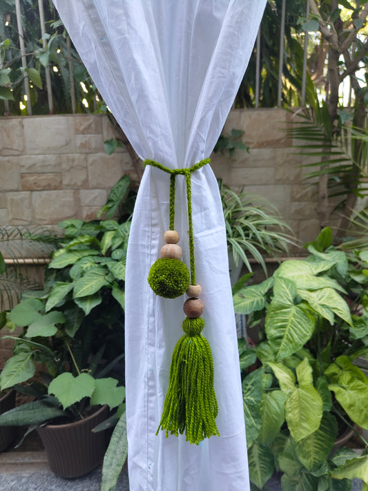 Curtain Tie Backs Green Pompom & Tassel with Wooden Beads (Set of 2)