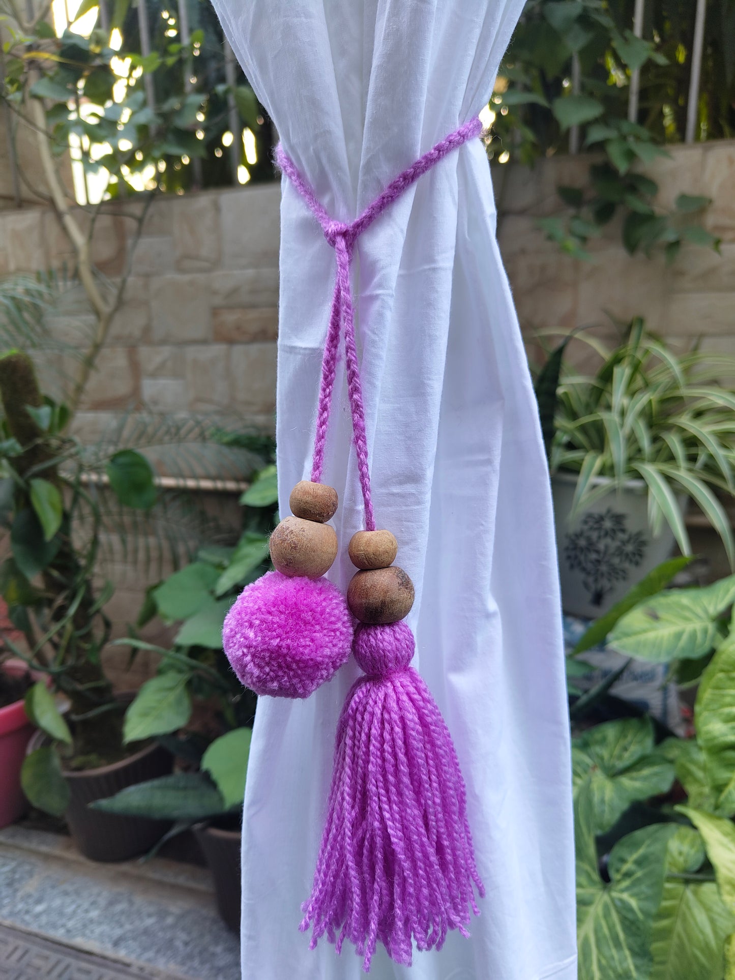 Curtain Tie Backs Lavender Pompom & Tassel with Wooden Beads (Set of 2)