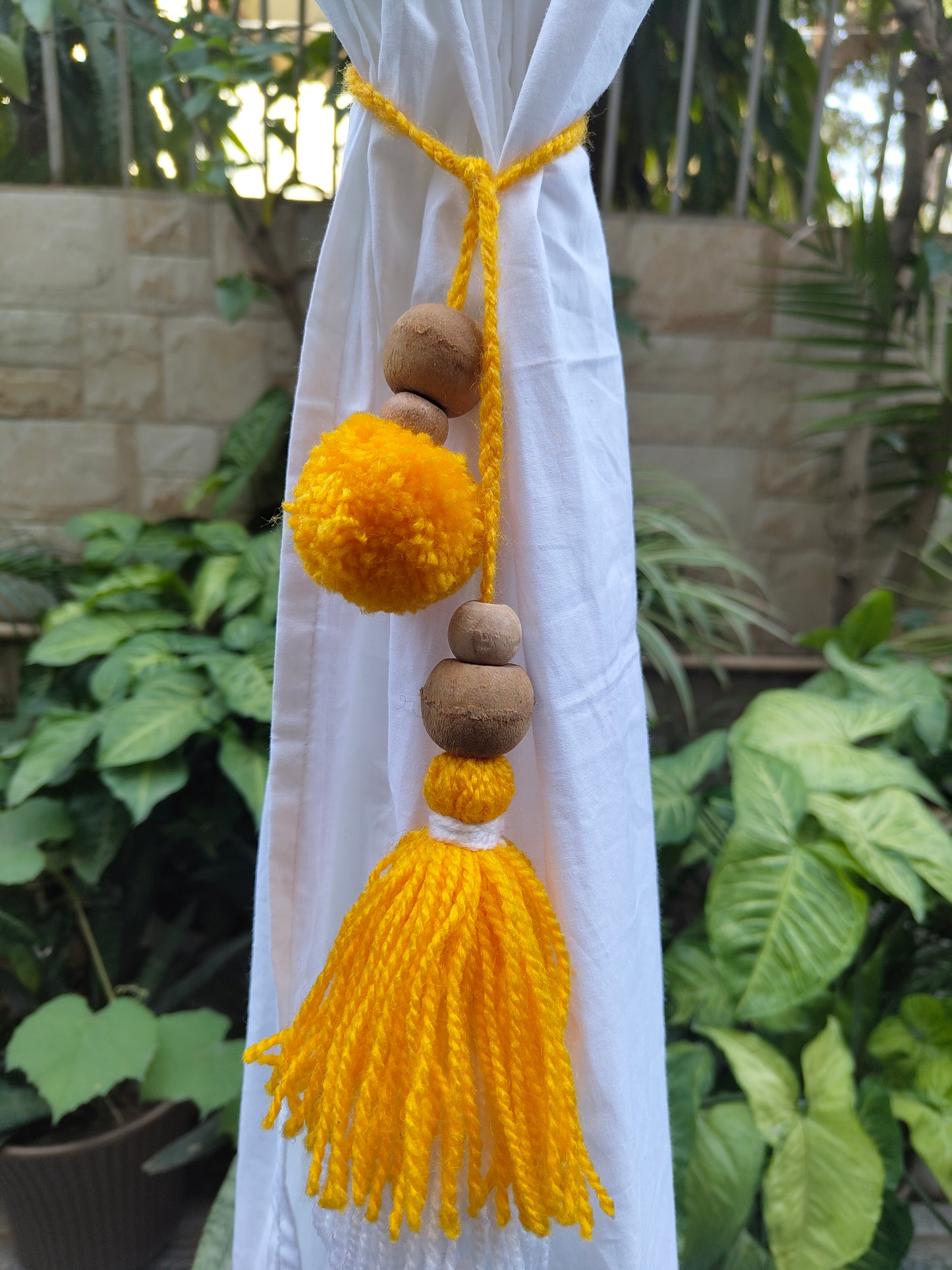 Curtain Tie Backs White Yellow Pompom & Tassel with Wooden Beads (Set of 2)