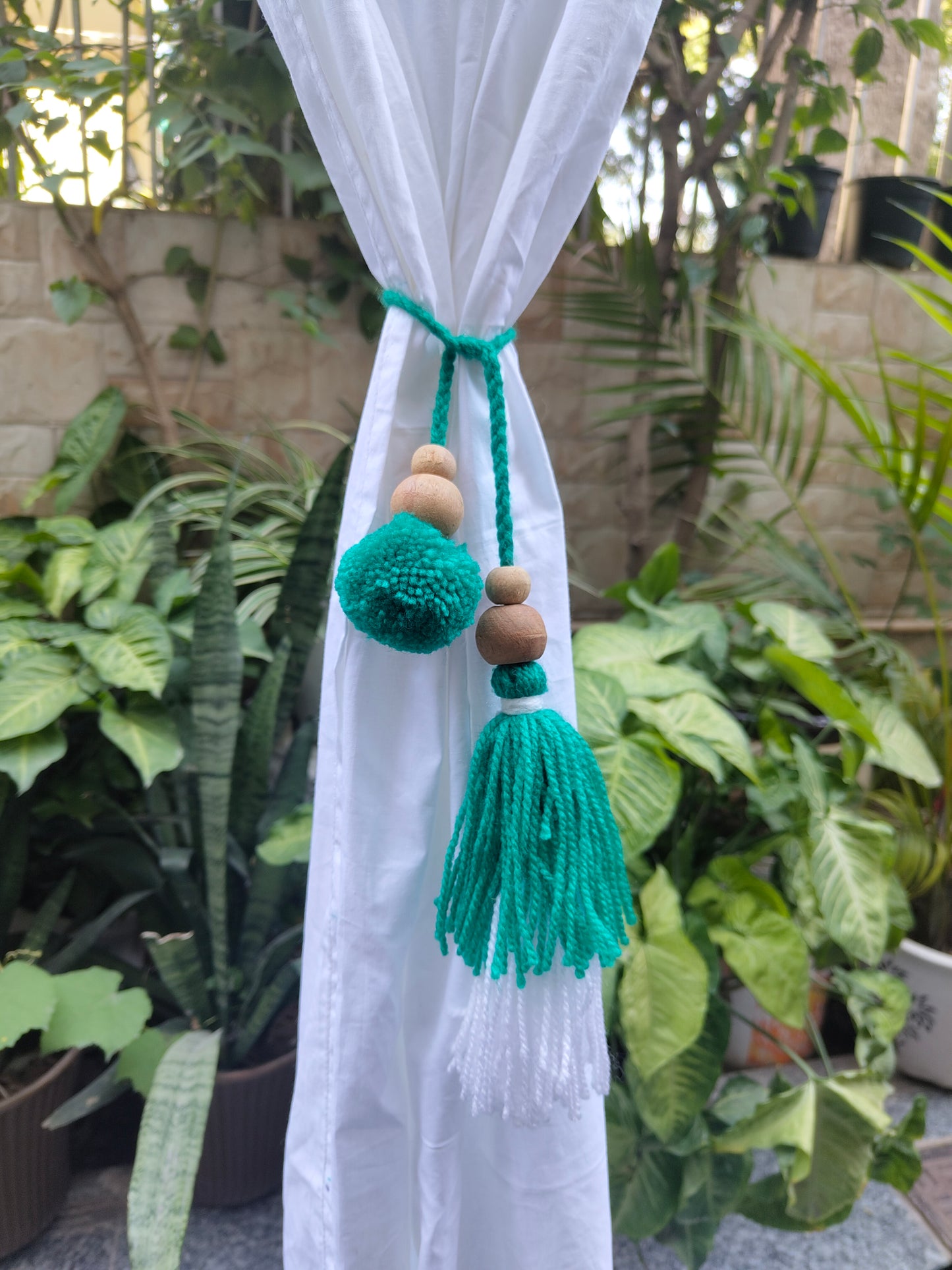 Curtain Tie Backs White Sea Green Pompom & Tassel with Wooden Beads (Set of 2)