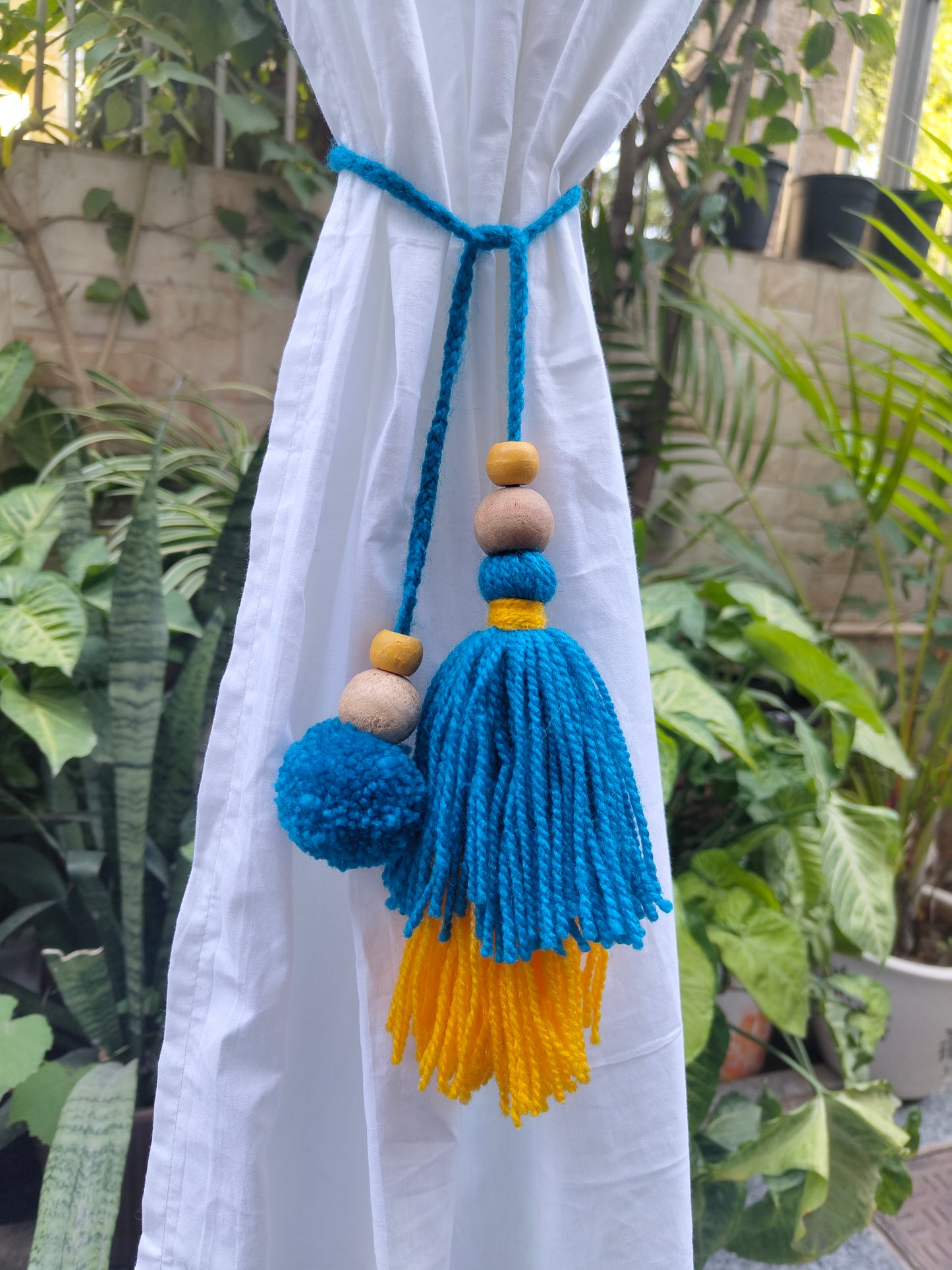 Curtain Tie Backs Yellow Navy Pompom & Tassel with Wooden Beads (Set of 2)