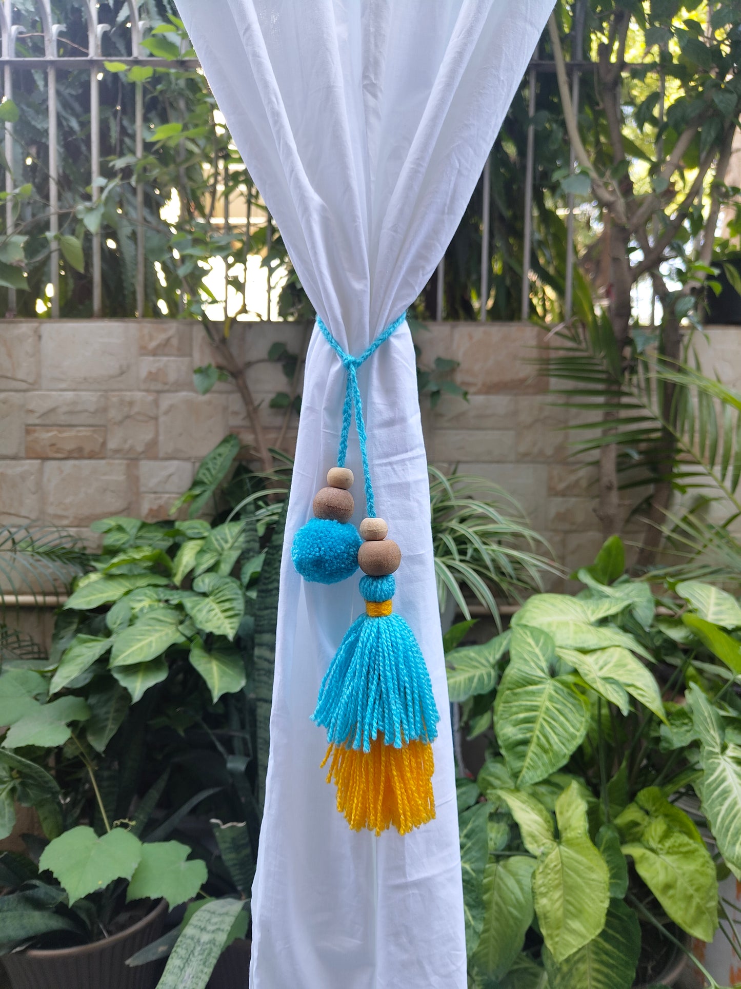 Curtain Tie Backs Yellow Sky Pompom & Tassel with Wooden Beads (Set of 2)