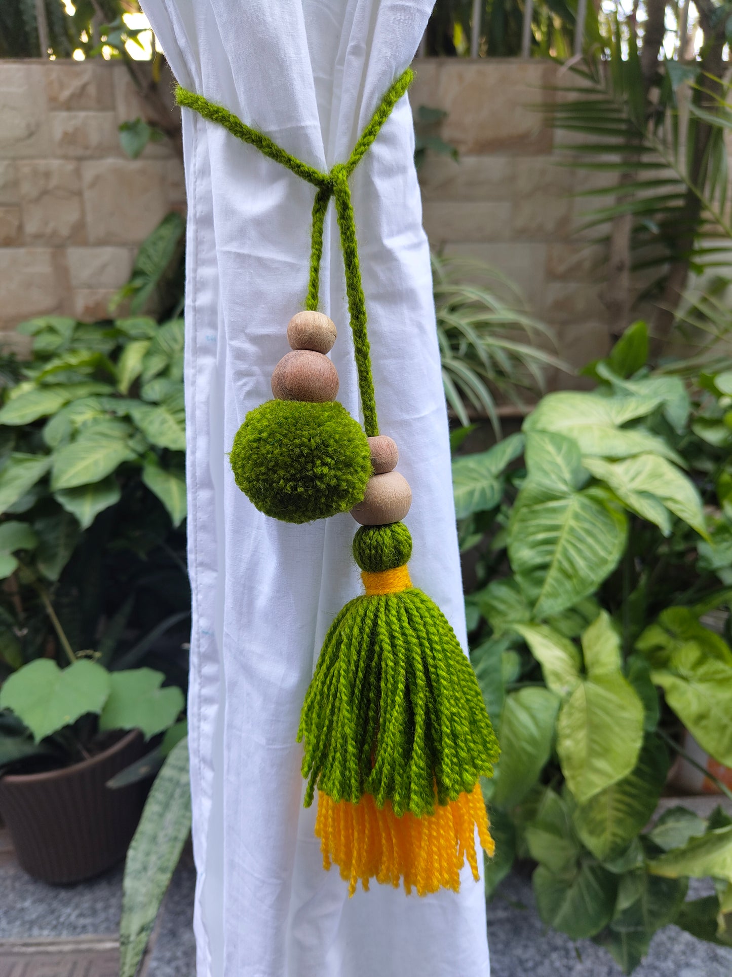 Curtain Tie Backs Yellow Green Pompom & Tassel with Wooden Beads (Set of 2)