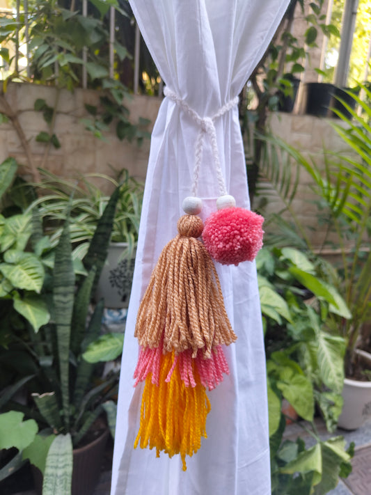 Curtain Tie Backs Yellow Beige Peach Pompom & Tassel with Wooden Beads (Set of 2)