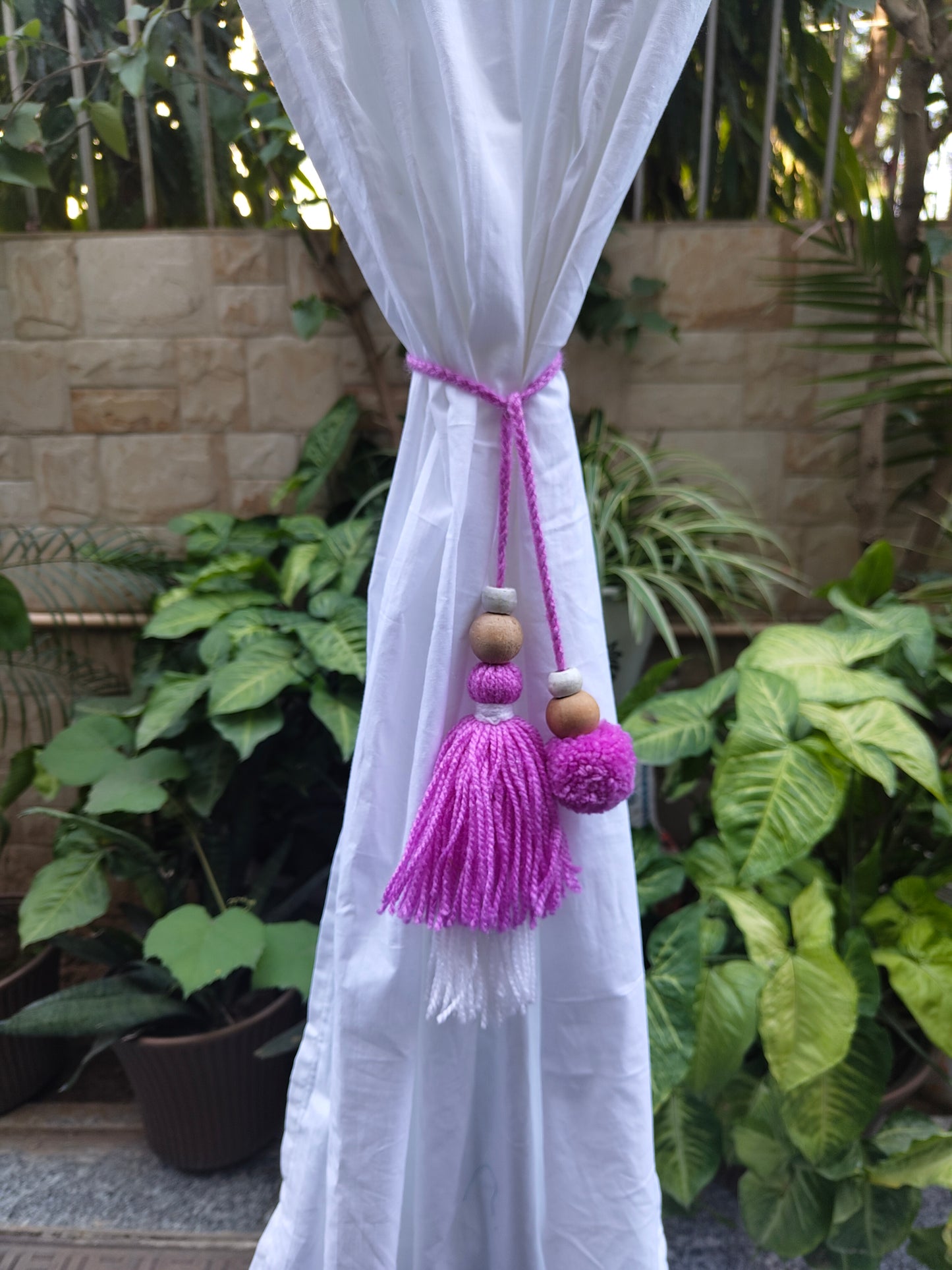 Curtain Tie Backs White Lavender Pompom & Tassel with Wooden Beads (Set of 2)