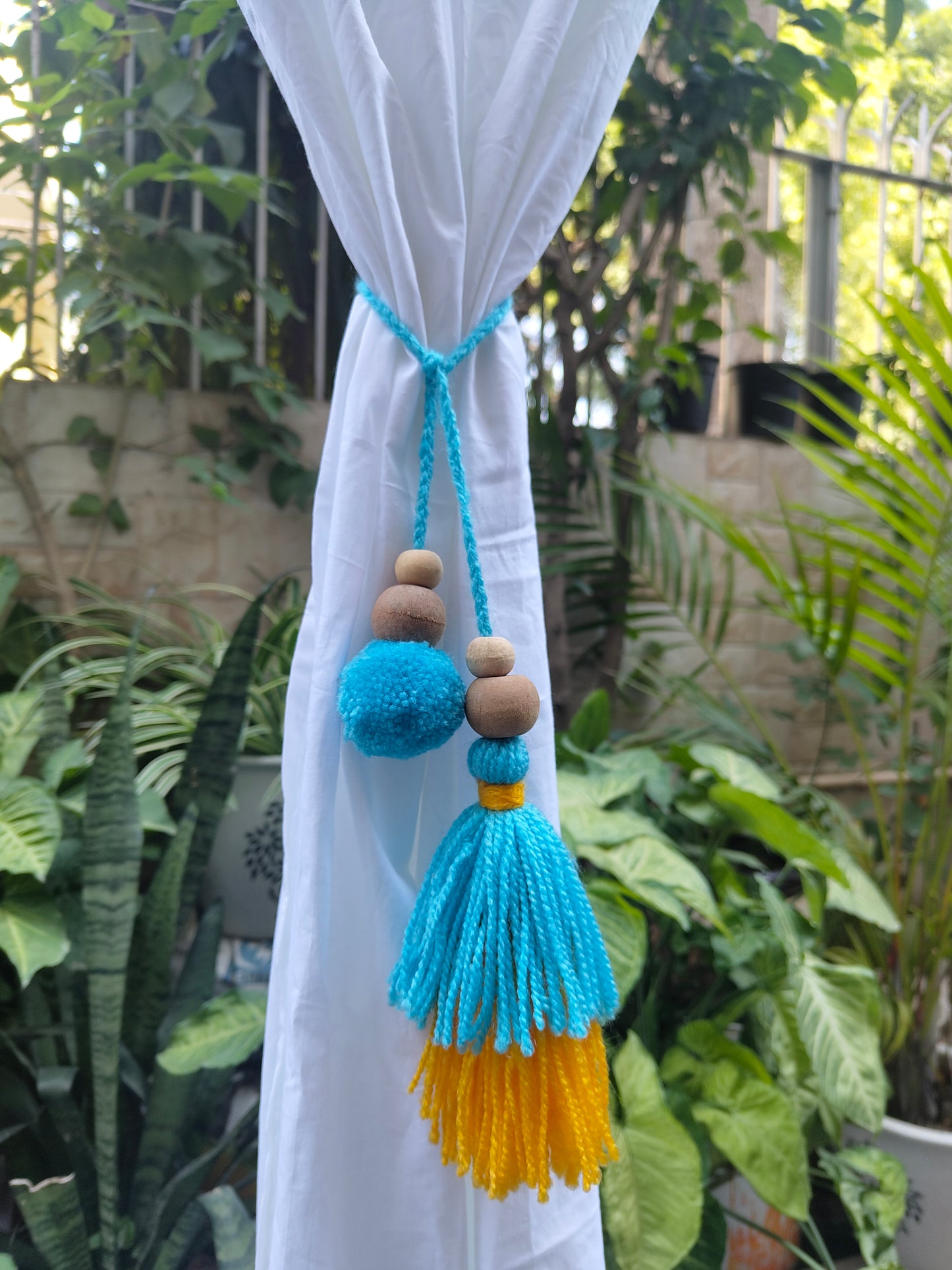 Curtain Tie Backs Yellow Sky Pompom & Tassel with Wooden Beads (Set of 2)