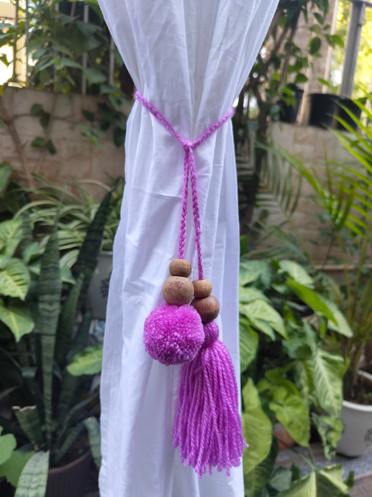 Curtain Tie Backs Lavender Pompom & Tassel with Wooden Beads (Set of 2)