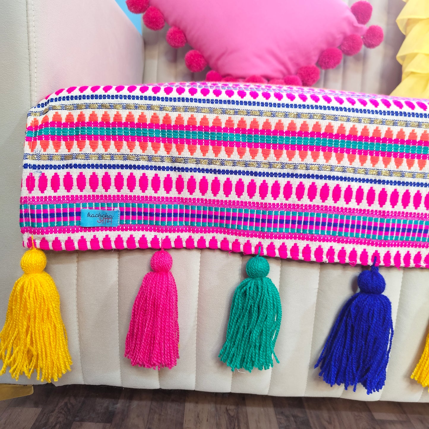 Magenta Jacquard Woven Fabric Sofa cover with Multi Tassels