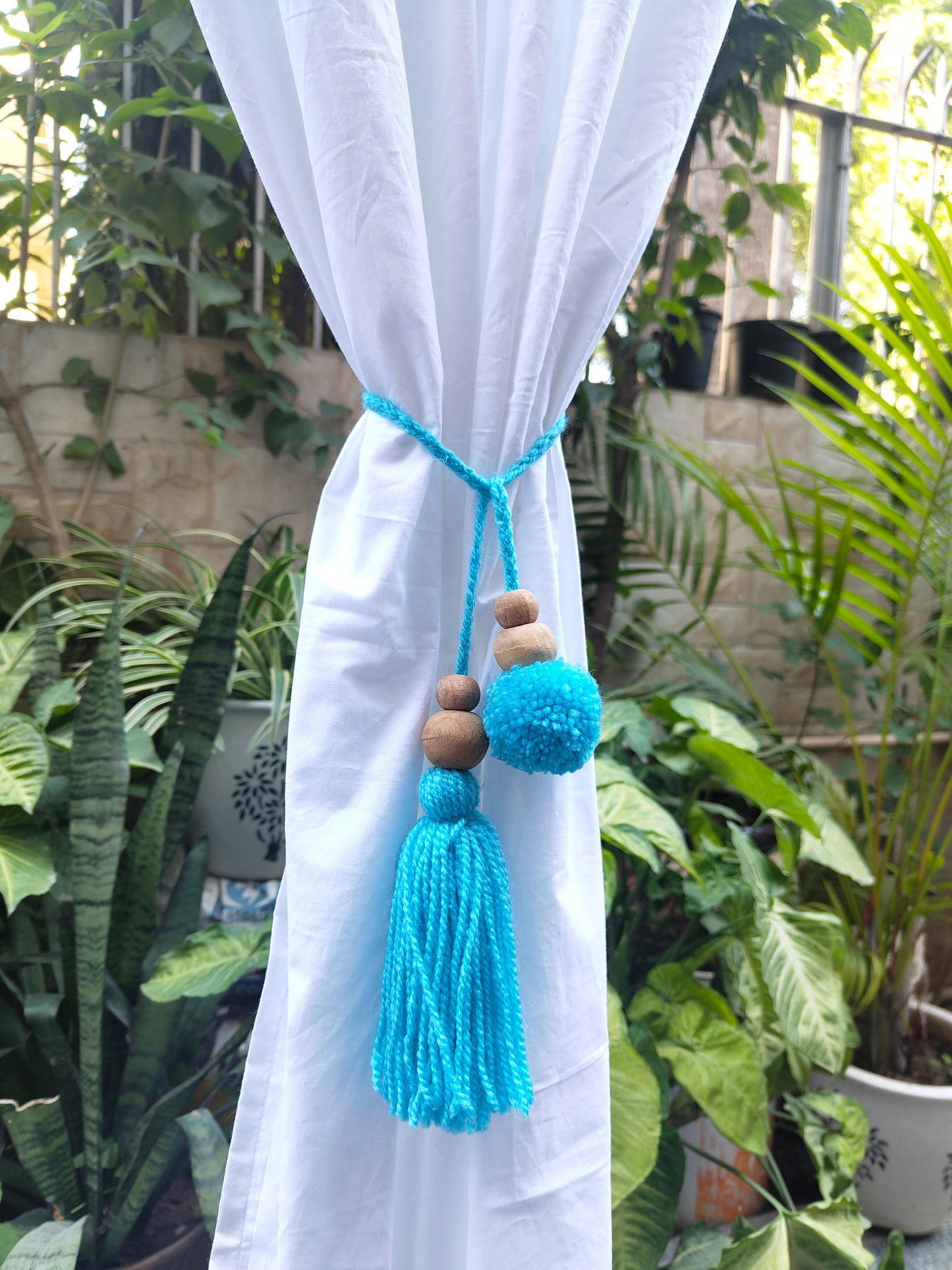 Curtain Tie Backs Sky Pompom & Tassel with Wooden Beads (Set of 2)