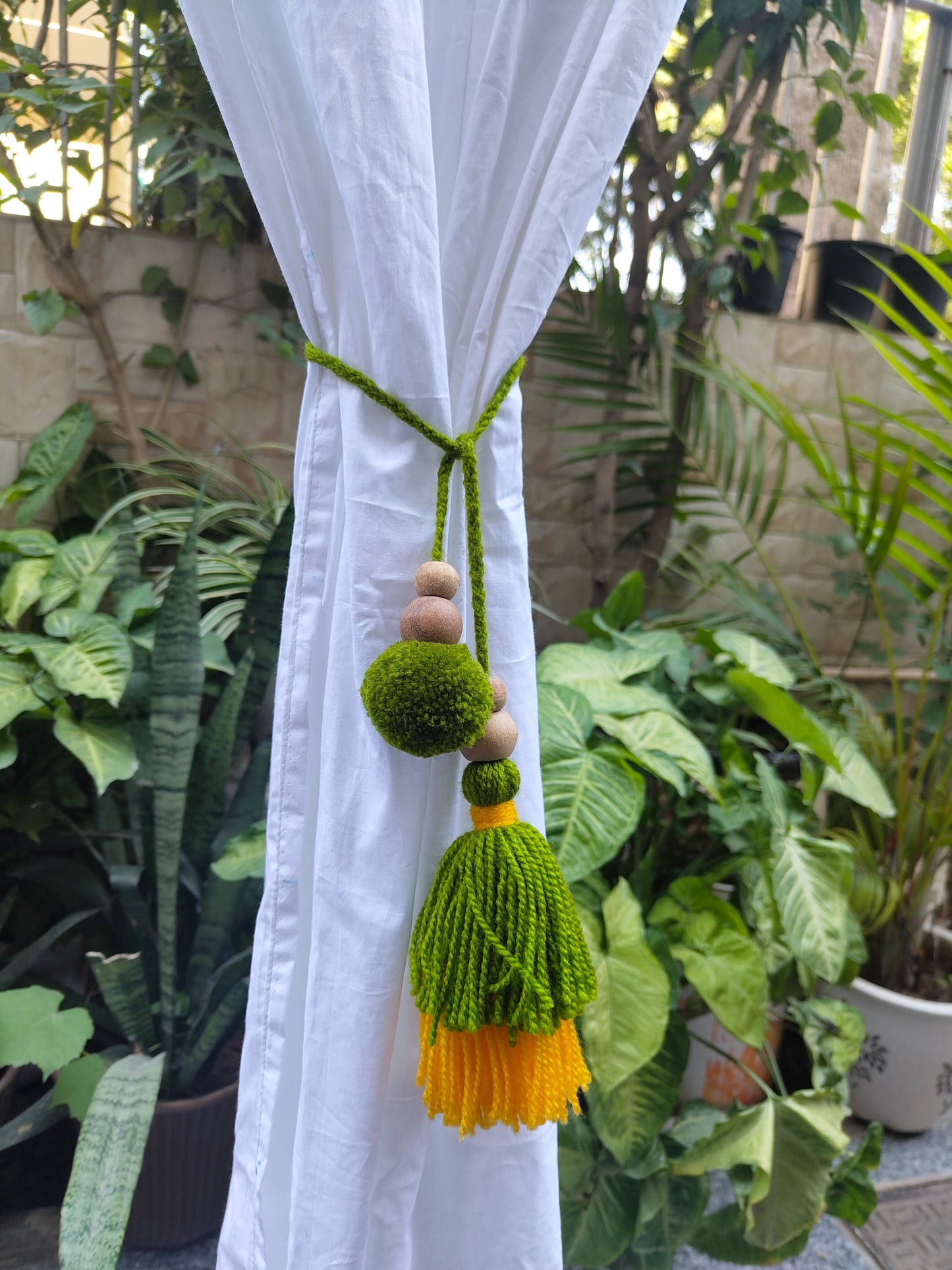 Curtain Tie Backs Yellow Green Pompom & Tassel with Wooden Beads (Set of 2)