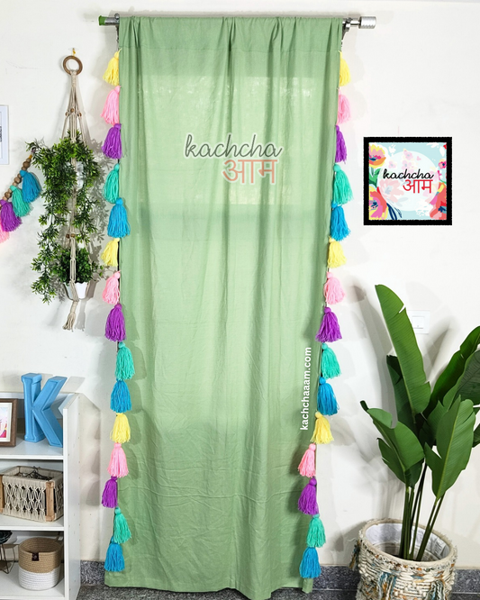 Celestial Sky Inspired Tassels Mint Curtains (Cotton/Sheer)