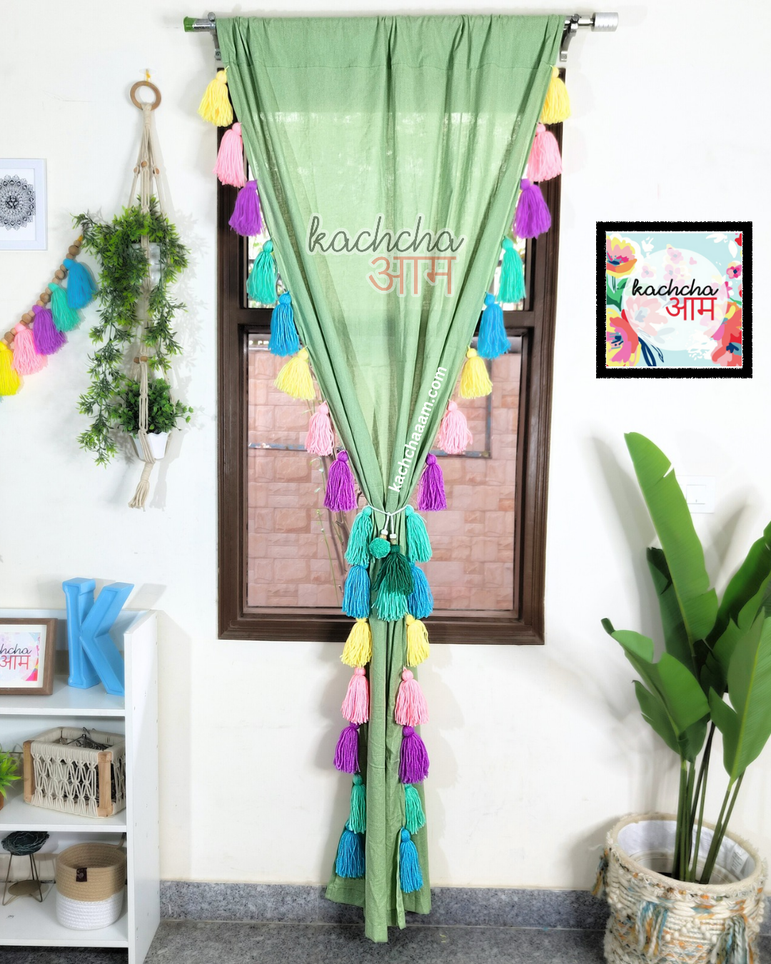 Celestial Sky Inspired Tassels Mint Curtains (Cotton/Sheer)