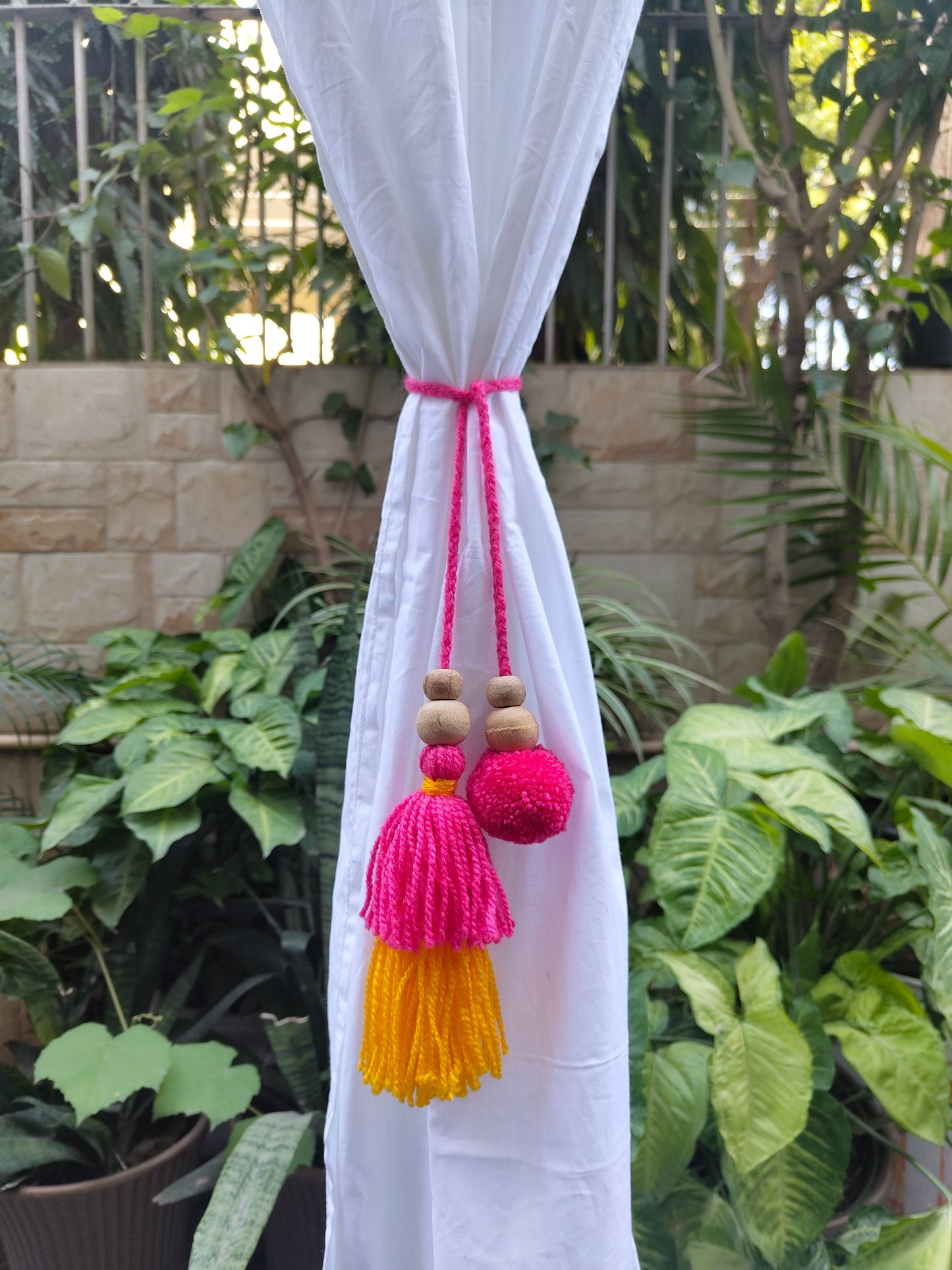 Curtain Tie Backs Yellow Pink Pompom & Tassel with Wooden Beads (Set of 2)