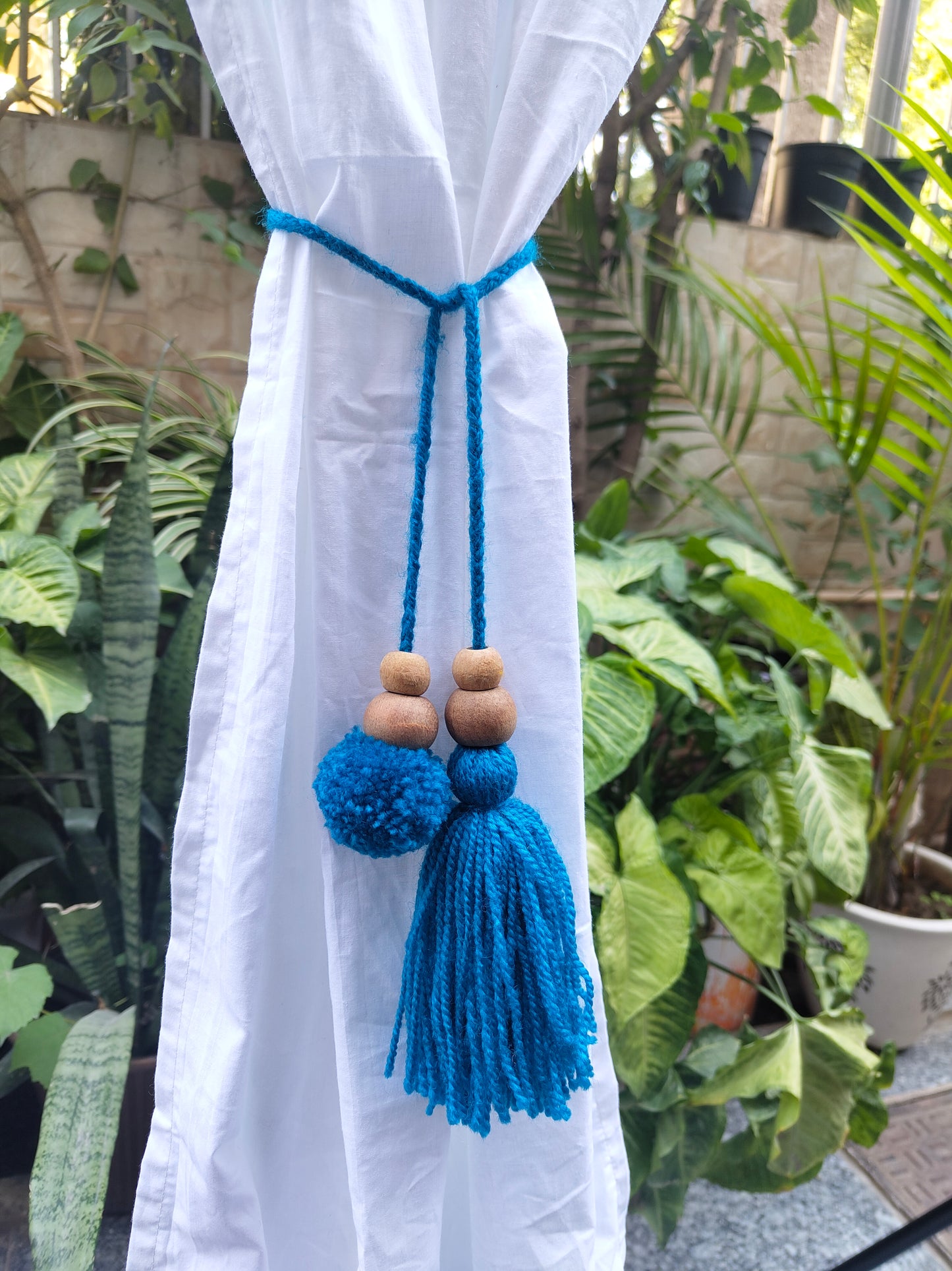 Curtain Tie Backs Navy Pompom & Tassel with Wooden Beads (Set of 2)