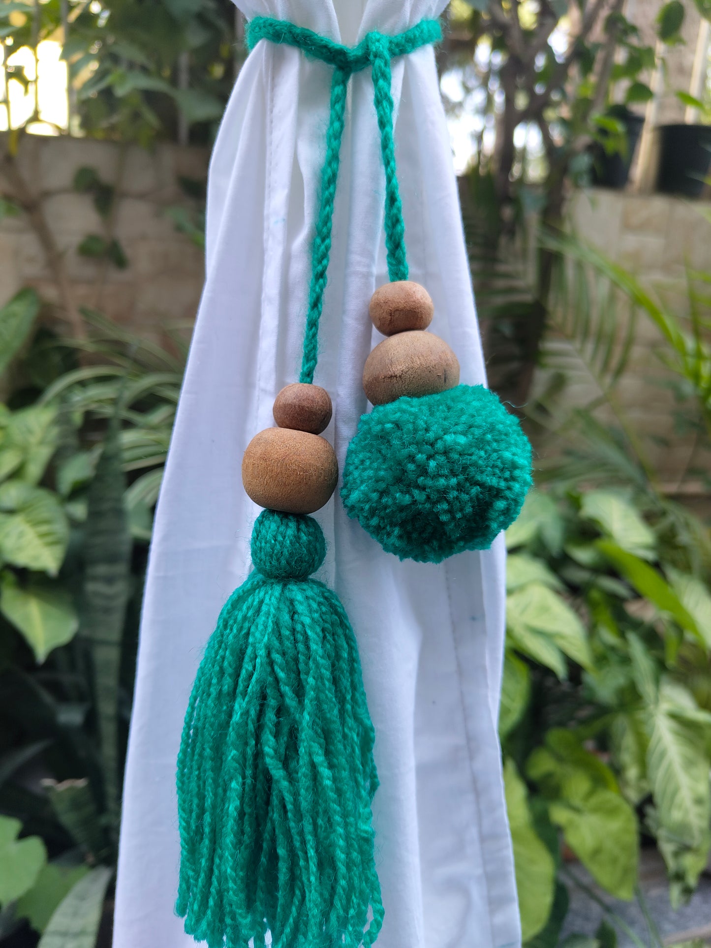 Curtain Tie Backs Sea Green Pompom & Tassel with Wooden Beads (Set of 2)