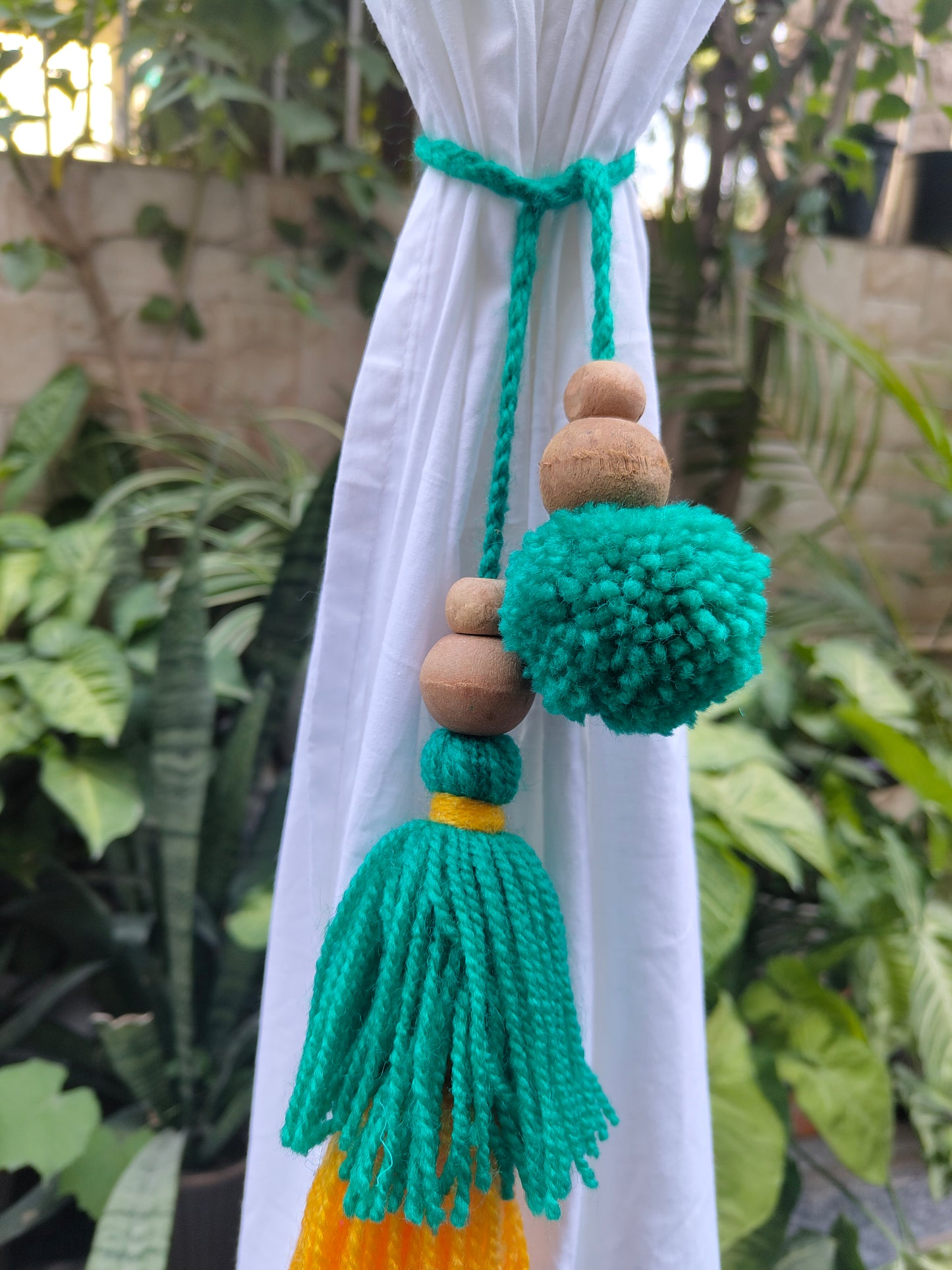 Curtain Tie Backs Yellow Sea Green Pompom & Tassel with Wooden Beads (Set of 2)