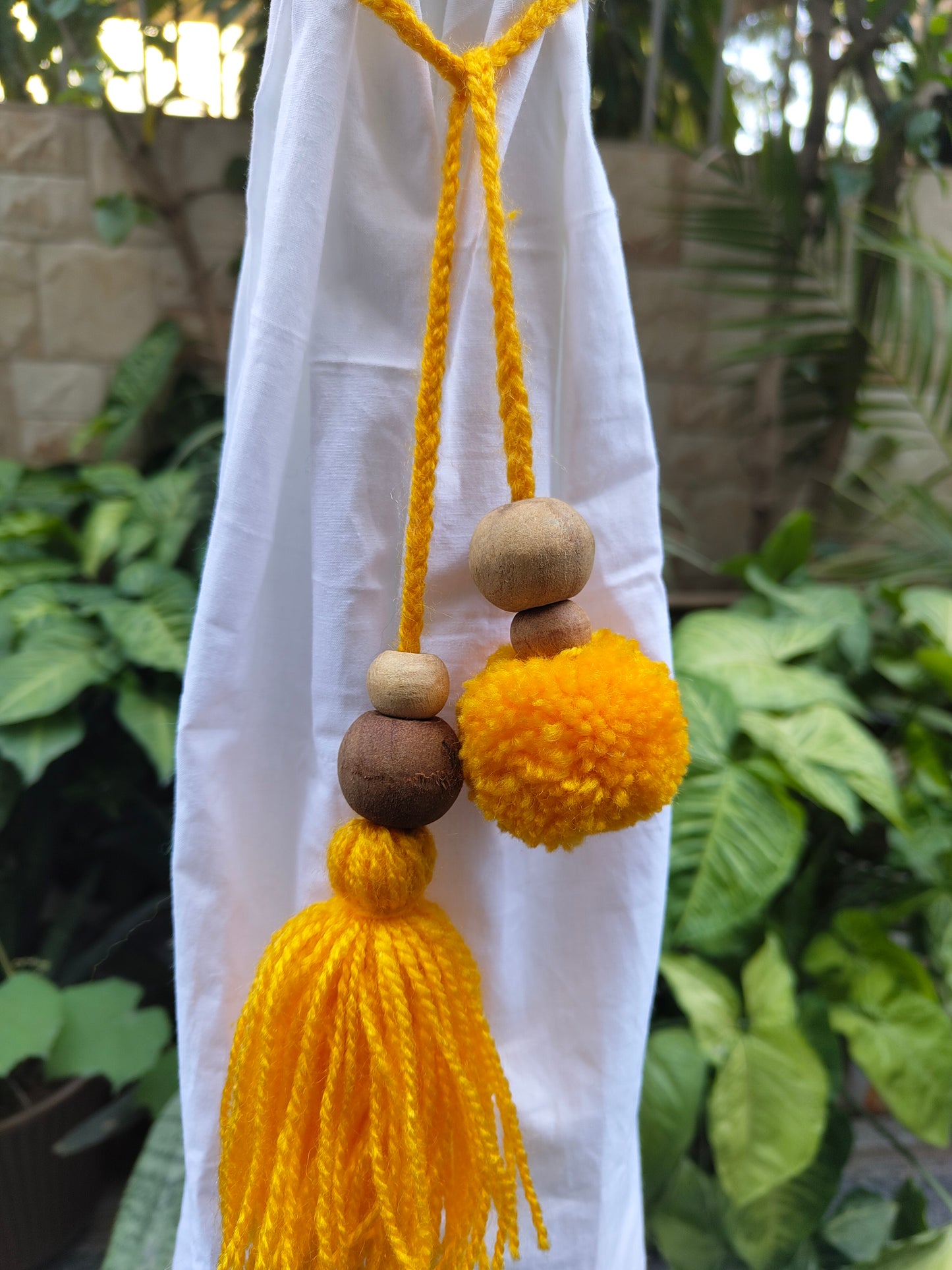 Curtain Tie Backs Yellow Pompom & Tassel with Wooden Beads (Set of 2)