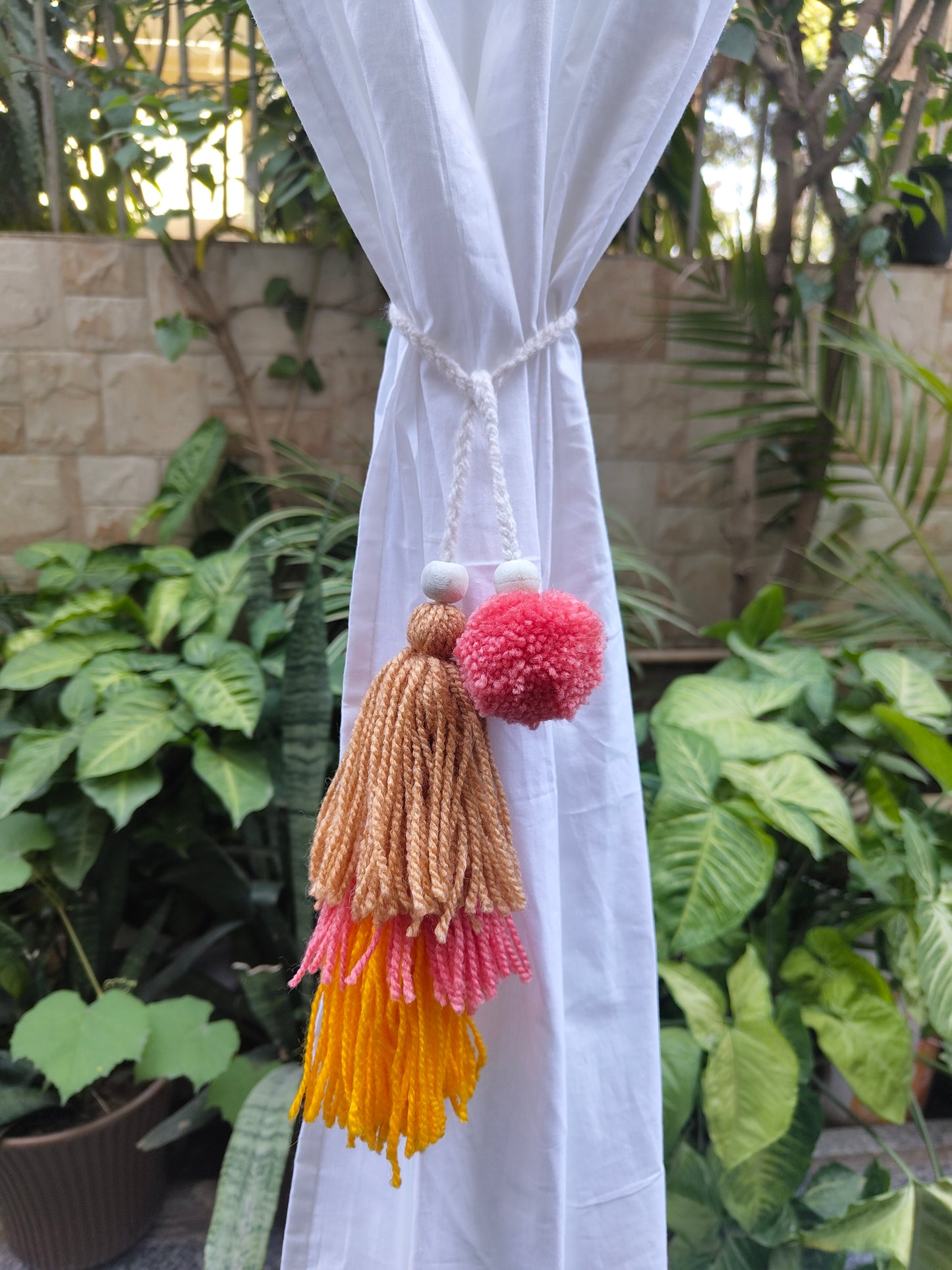 Curtain Tie Backs Yellow Beige Peach Pompom & Tassel with Wooden Beads (Set of 2)