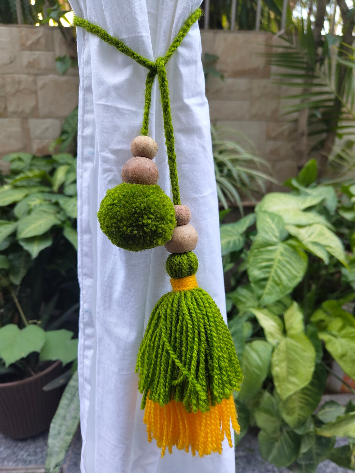 Curtain Tie Backs Yellow Green Pompom & Tassel with Wooden Beads (Set of 2)