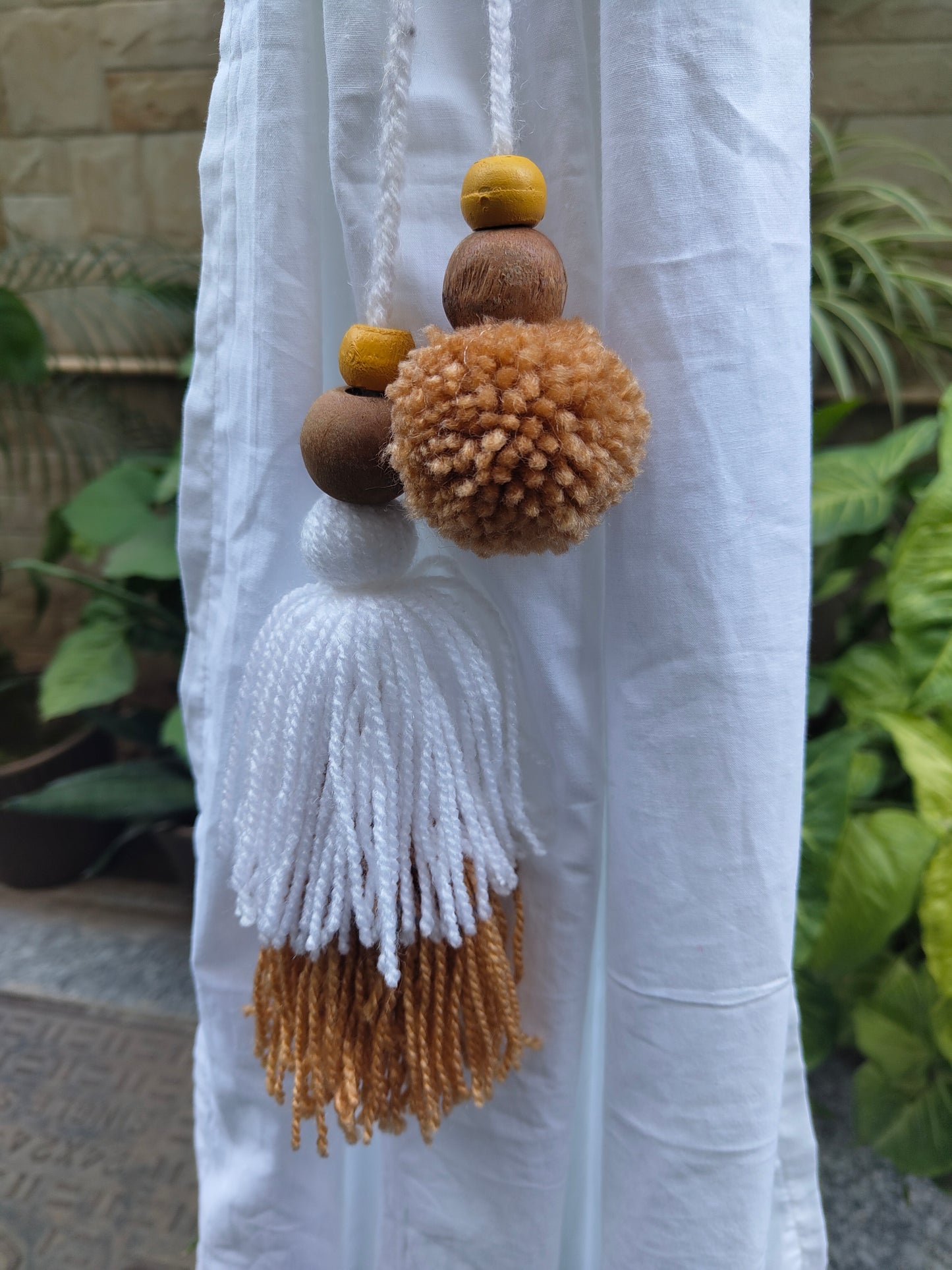 Curtain Tie Backs White Beige Pompom & Tassel with Wooden Beads (Set of 2)