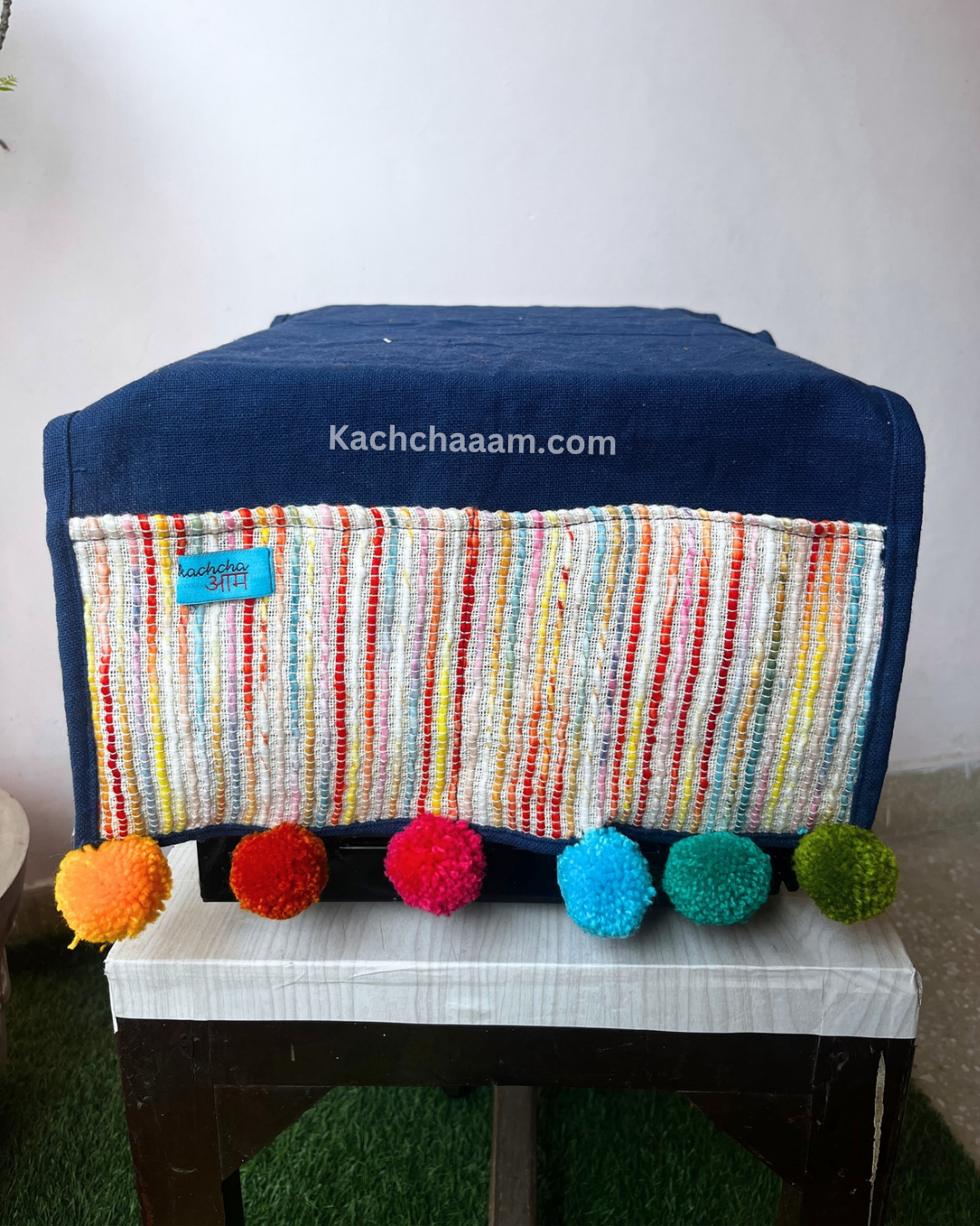 Navy Blue Cotton Slub Solid Microwave Cover with Multicolored Jacquard Fabric Pockets and Rainbow Pompom