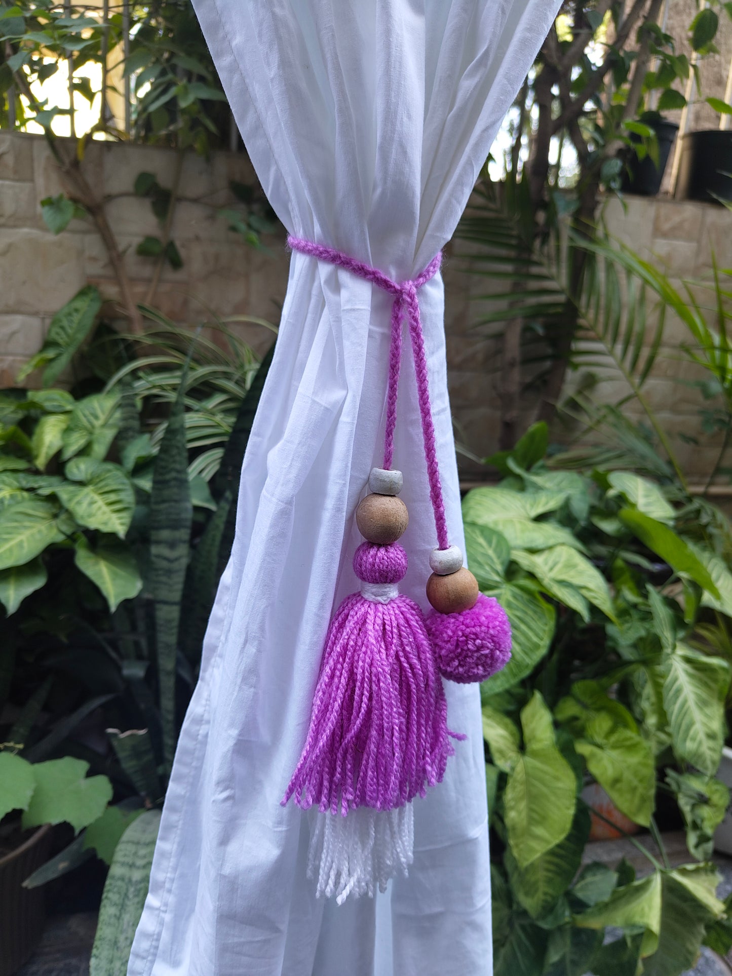 Curtain Tie Backs White Lavender Pompom & Tassel with Wooden Beads (Set of 2)