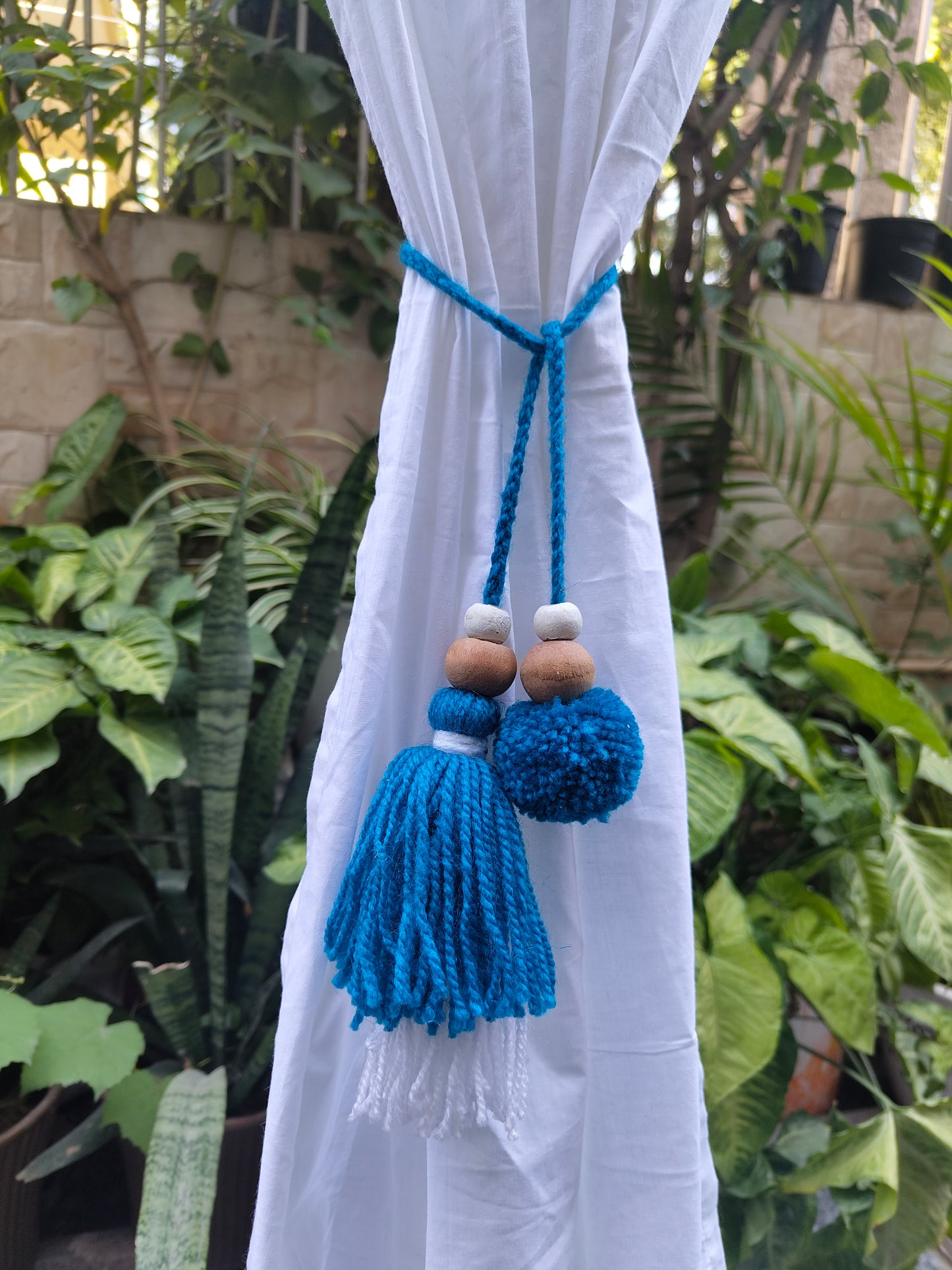 Curtain Tie Backs White Navy Pompom & Tassel with Wooden Beads (Set of 2)