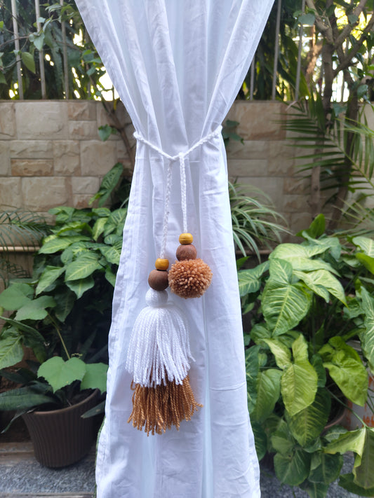 Curtain Tie Backs White Beige Pompom & Tassel with Wooden Beads (Set of 2)