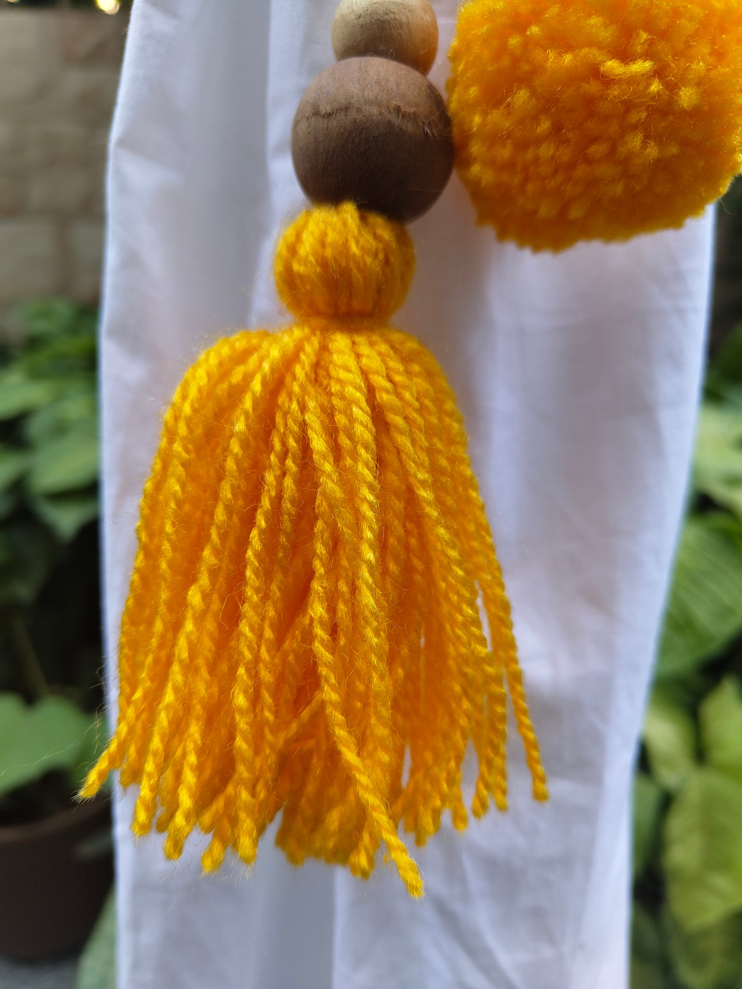 Curtain Tie Backs Yellow Pompom & Tassel with Wooden Beads (Set of 2)