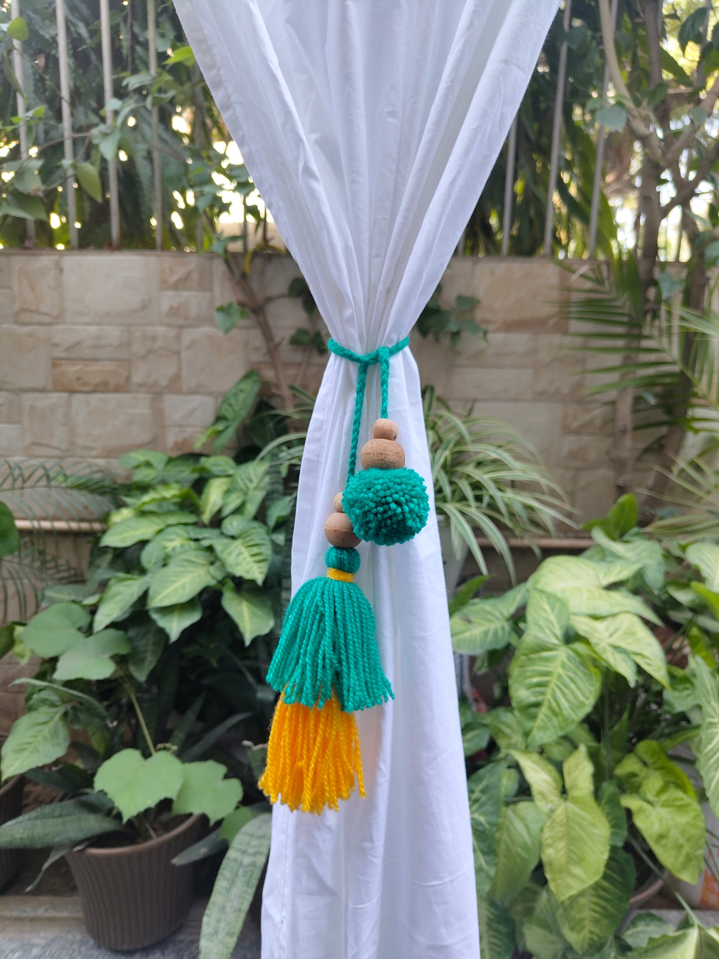 Curtain Tie Backs Yellow Sea Green Pompom & Tassel with Wooden Beads (Set of 2)