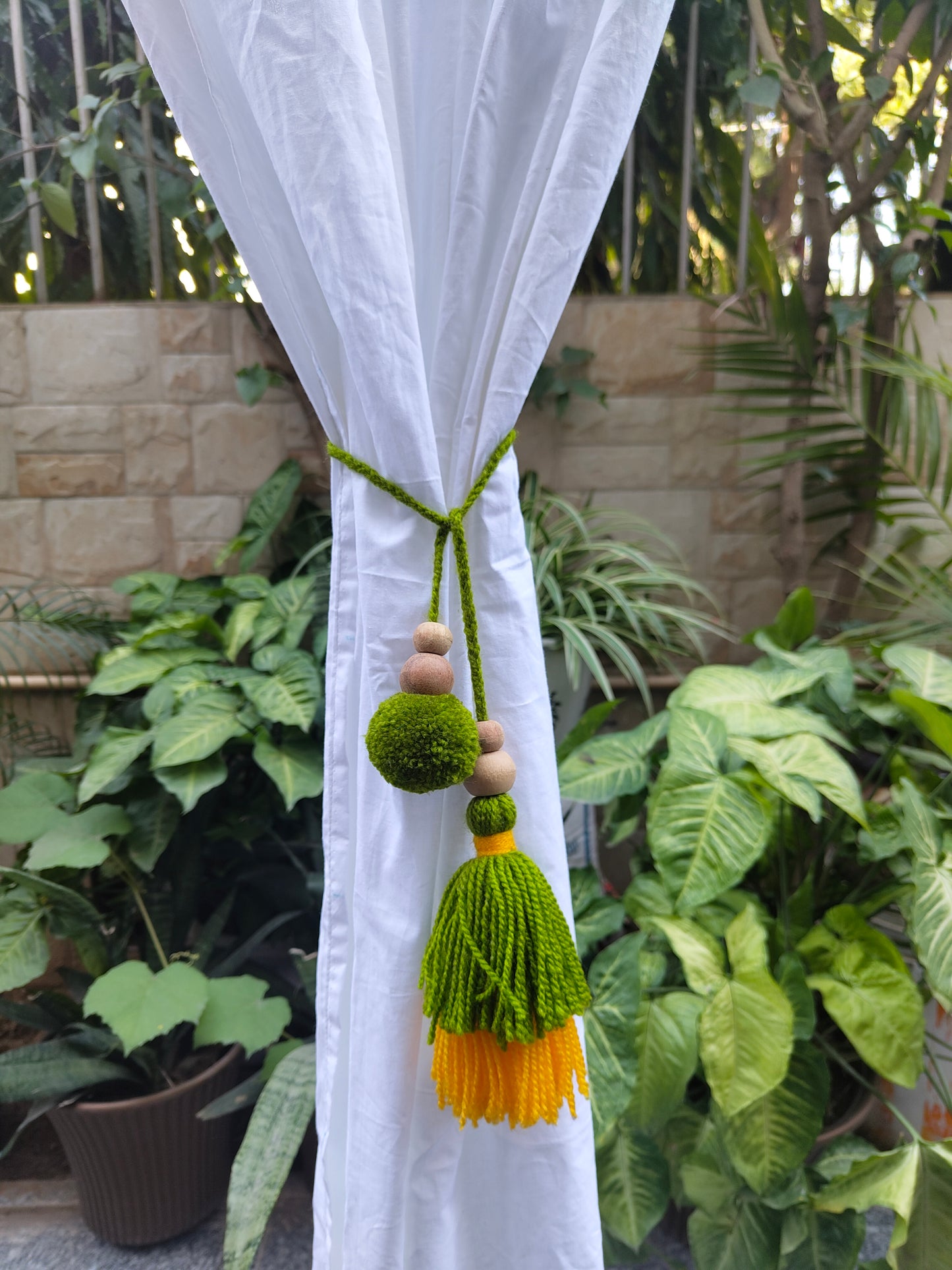 Curtain Tie Backs Yellow Green Pompom & Tassel with Wooden Beads (Set of 2)