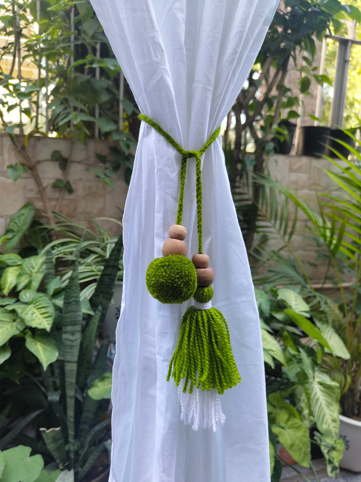 Curtain Tie Backs White Green Pompom & Tassel with Wooden Beads (Set of 2)