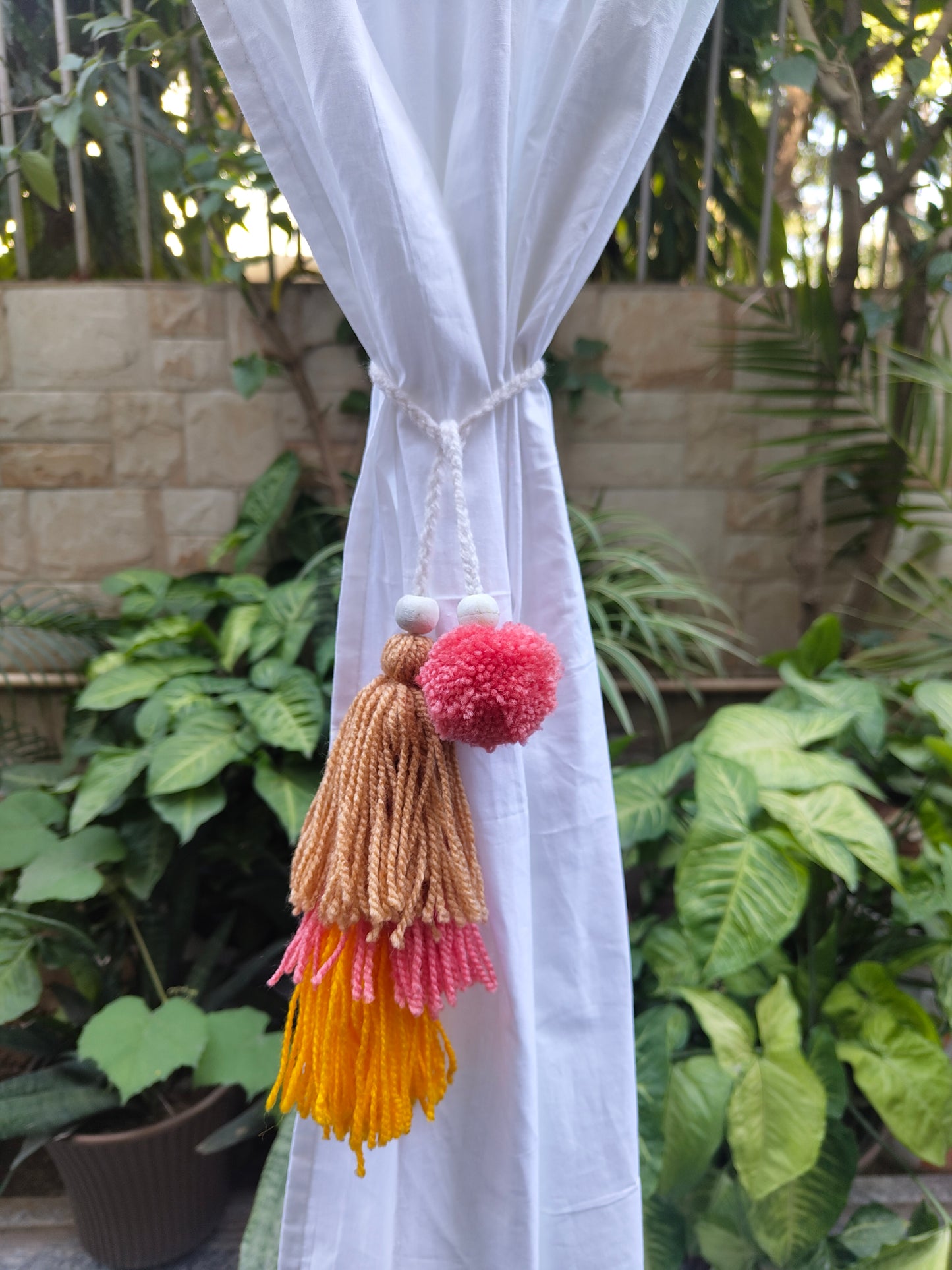 Curtain Tie Backs Yellow Beige Peach Pompom & Tassel with Wooden Beads (Set of 2)