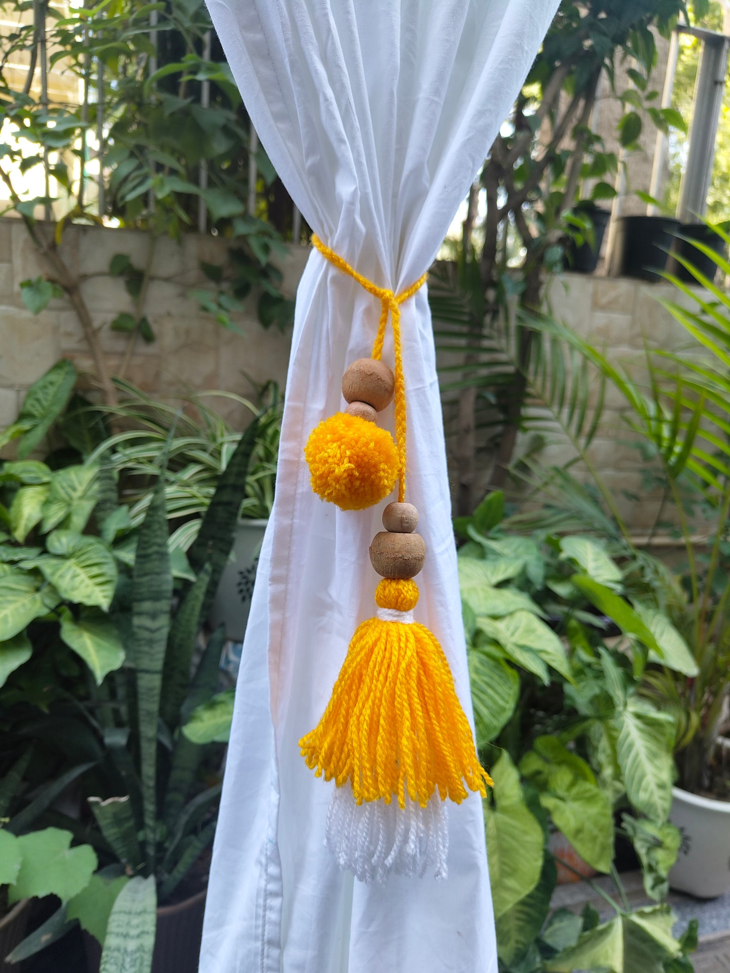 Curtain Tie Backs White Yellow Pompom & Tassel with Wooden Beads (Set of 2)