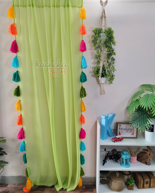 Rainbow Tassel Pista Green Curtains (Cotton/Sheer)