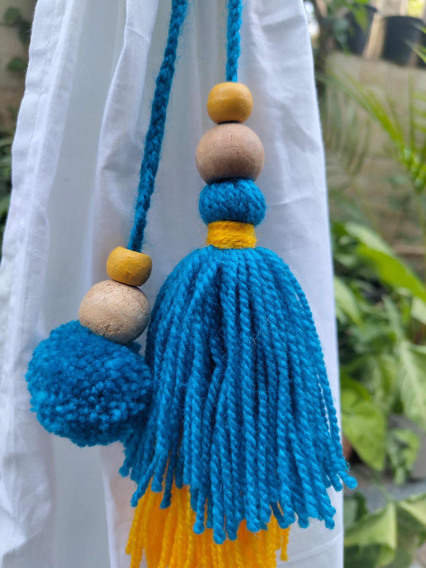 Curtain Tie Backs Yellow Navy Pompom & Tassel with Wooden Beads (Set of 2)