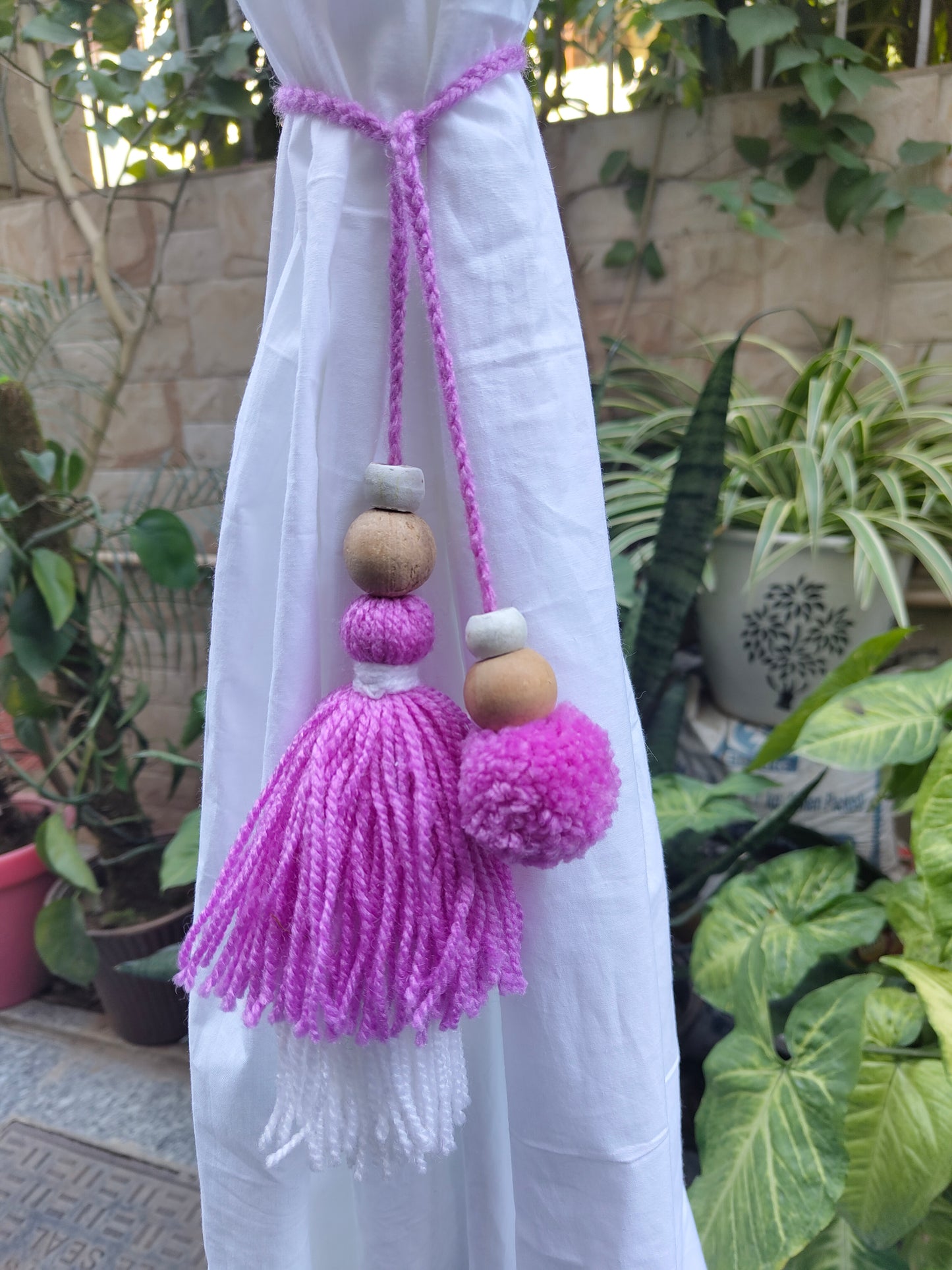 Curtain Tie Backs White Lavender Pompom & Tassel with Wooden Beads (Set of 2)