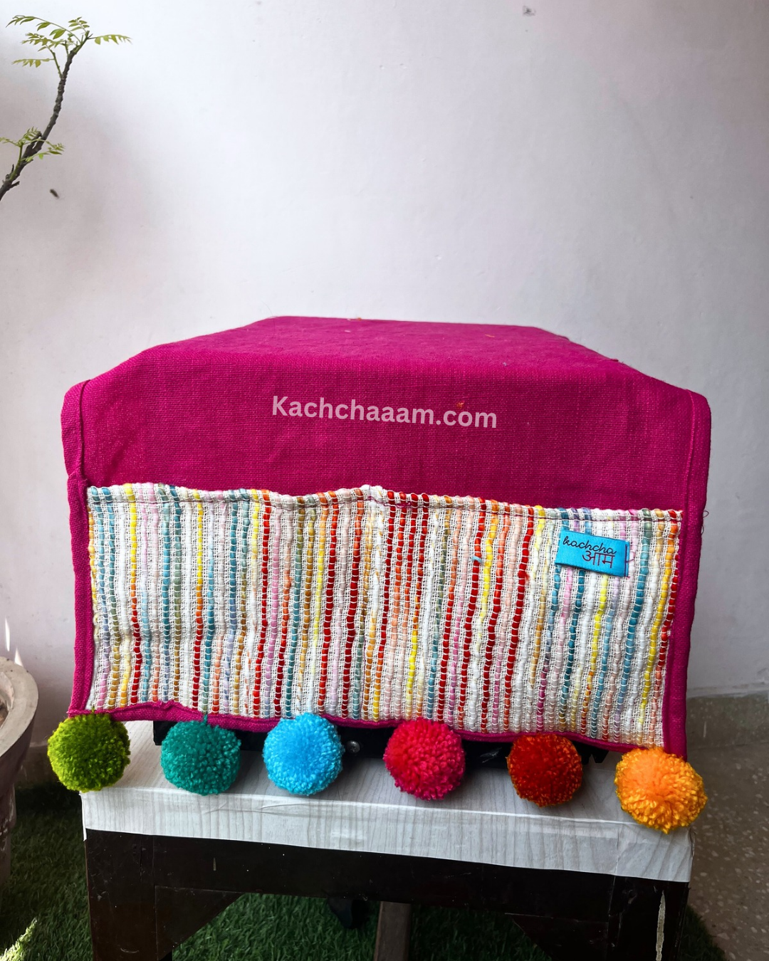 Magenta Pink Cotton Slub Solid Microwave Cover with Multicolored Jacquard Fabric Pockets and Rainbow Pompom