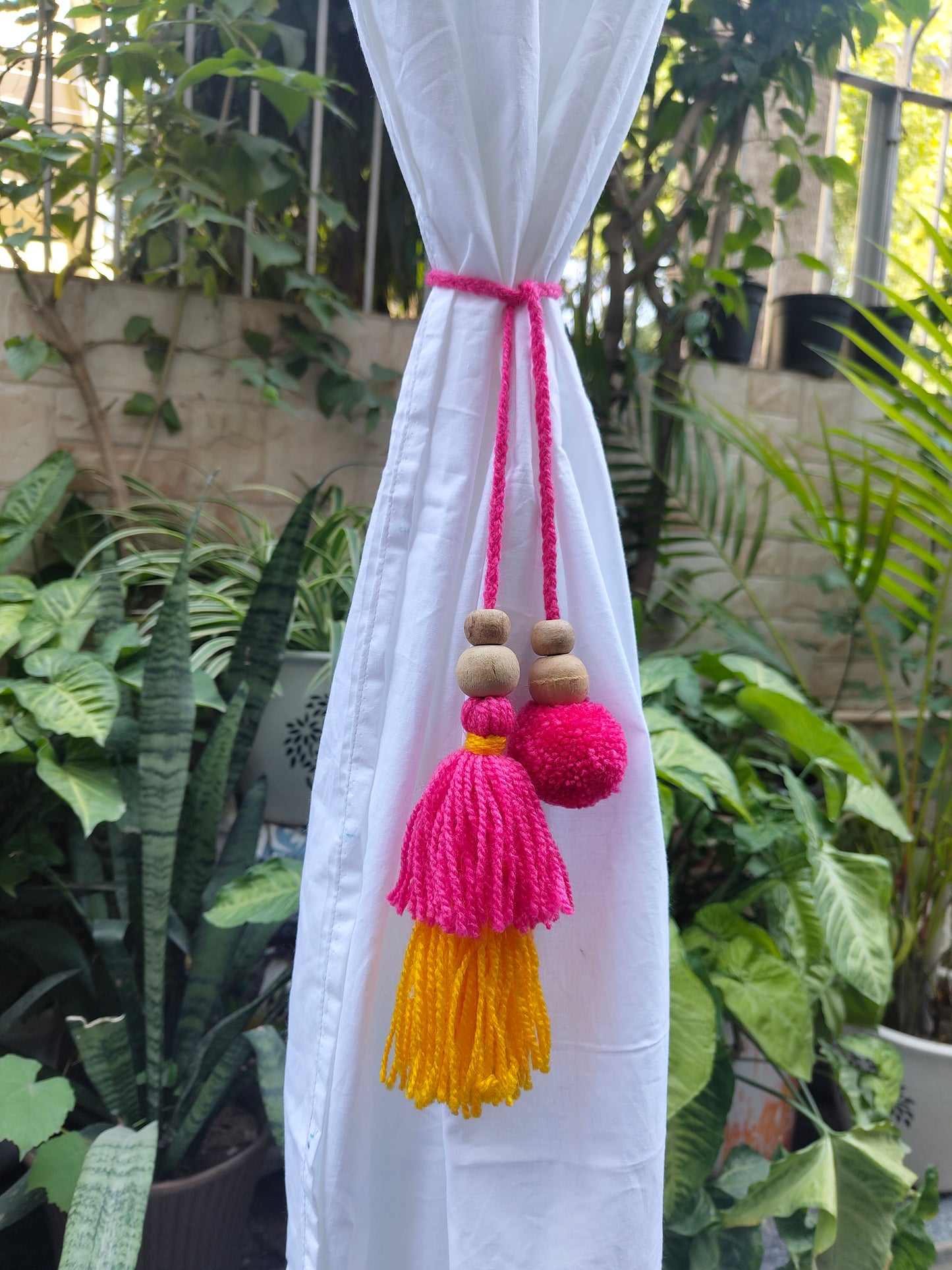 Curtain Tie Backs Yellow Pink Pompom & Tassel with Wooden Beads (Set of 2)