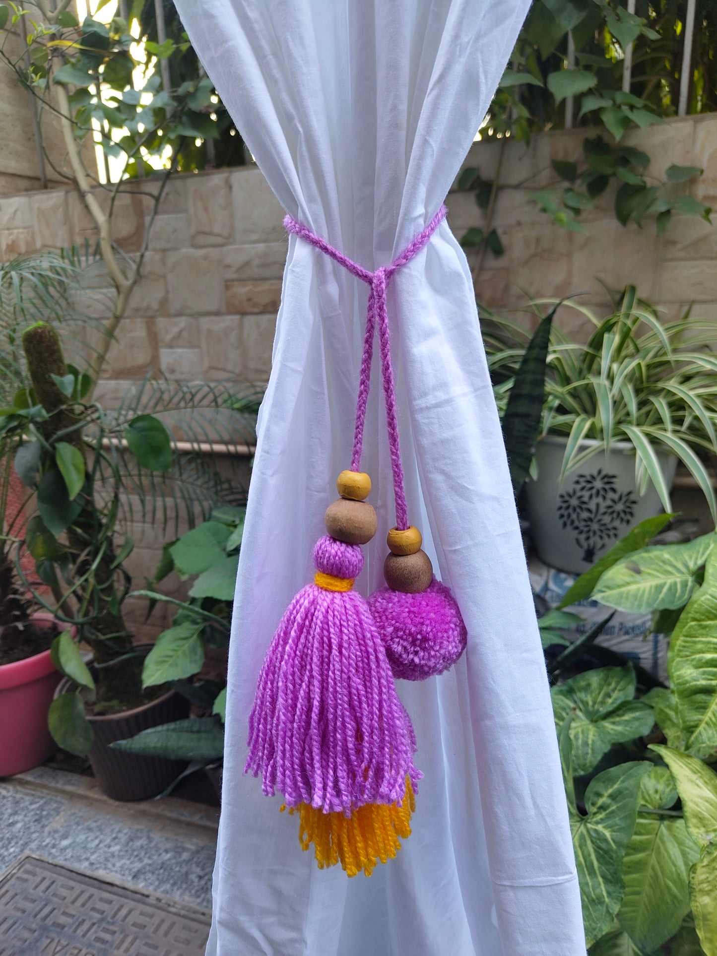 Curtain Tie Backs Yellow Lav Pompom & Tassel with Wooden Beads (Set of 2)